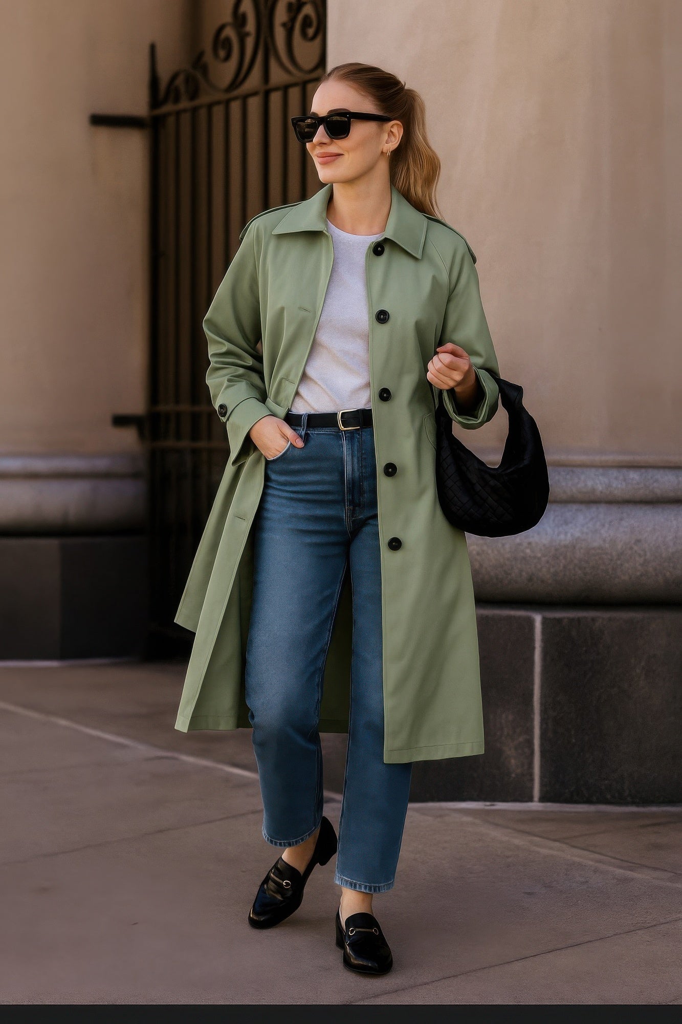 Green long sleeve trench coat with belt and buttoned front, lined interior