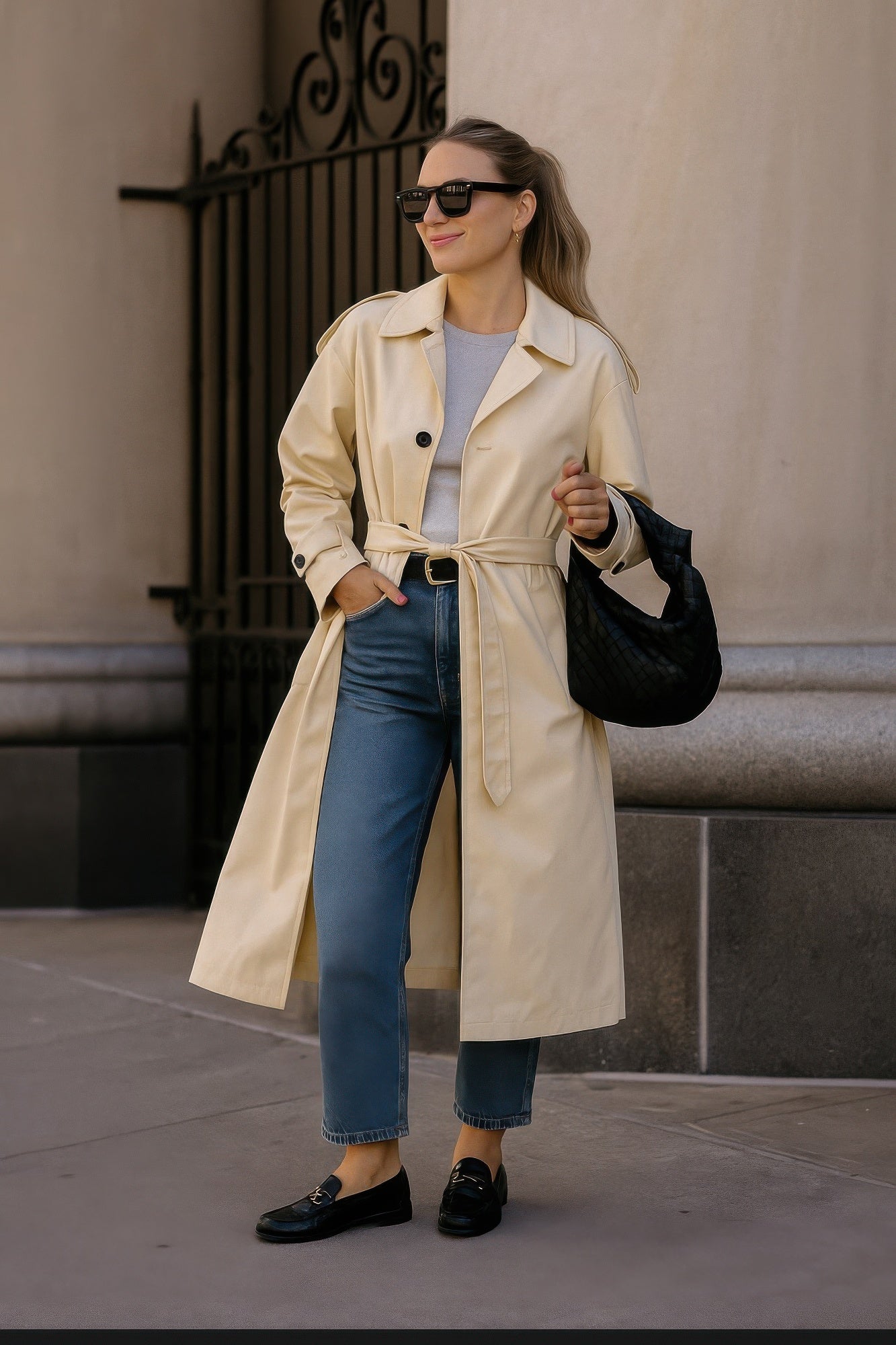 Beige long sleeve trench coat with belt, buttoned front, lined interior