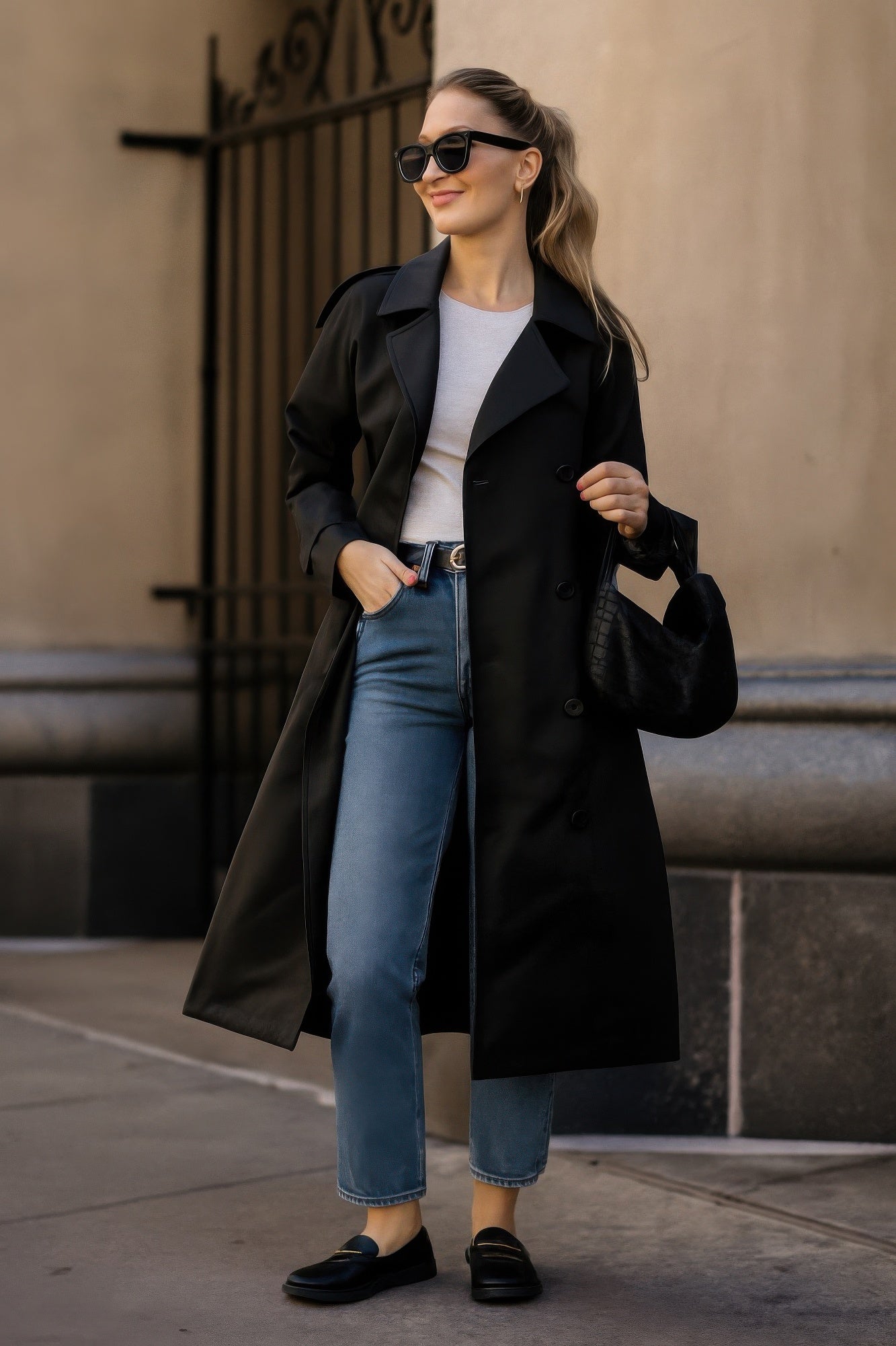 Black long sleeve trench coat with belt and buttoned front, lined interior