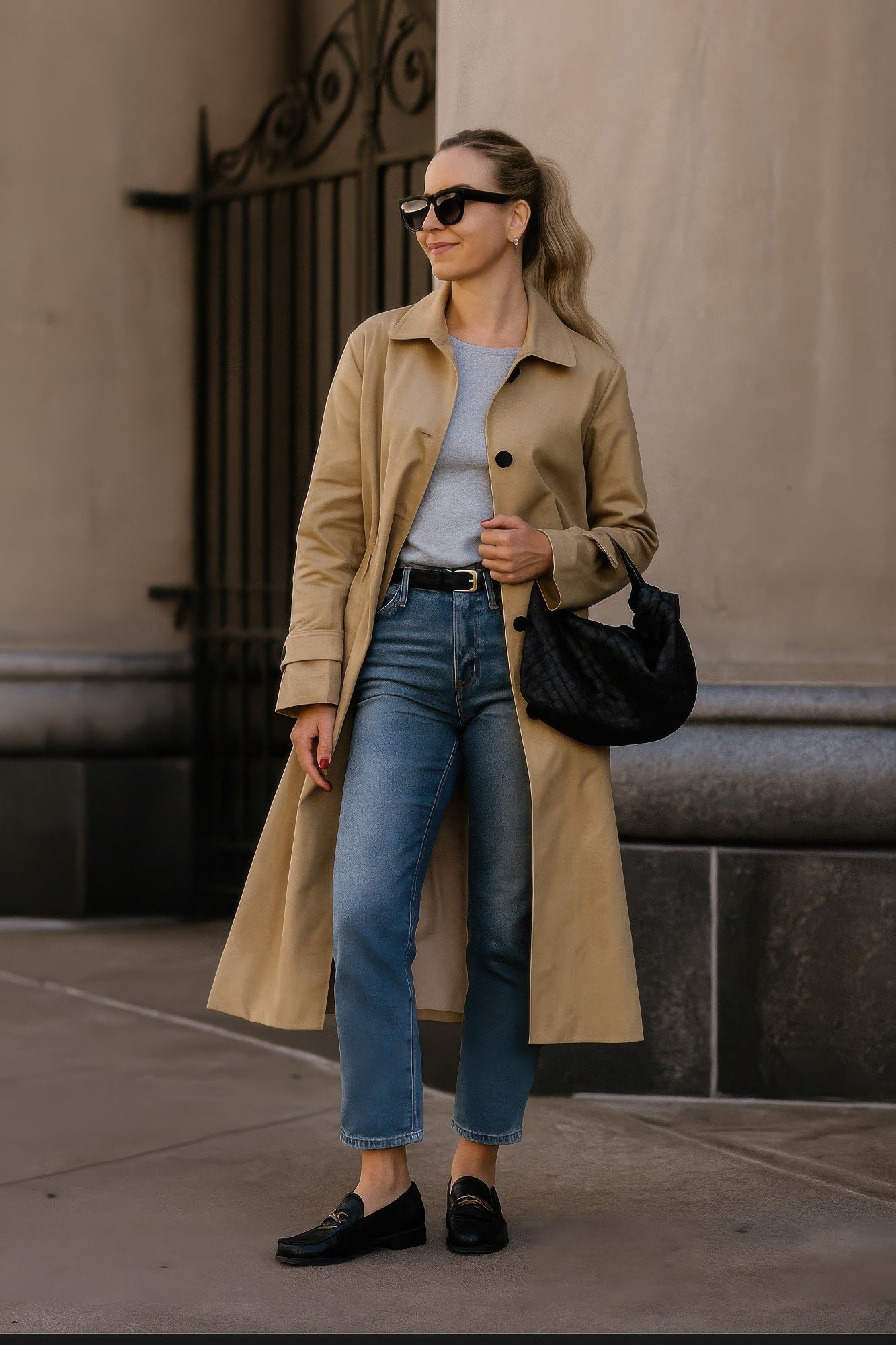 Khaki long sleeve trench coat with belt, buttoned front, lined interior