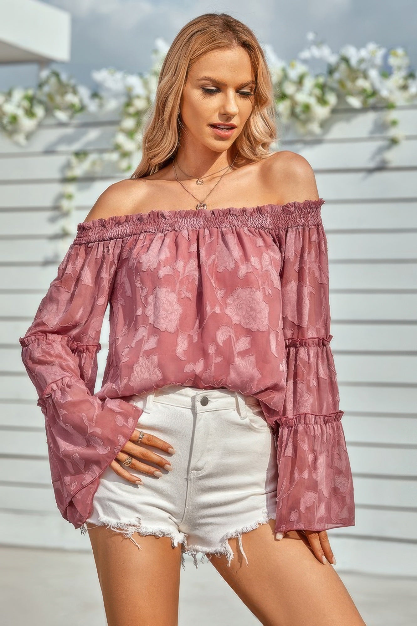 Solid Off Shoulder Flared Sleeve Flowy Blouse - Tigbul's Variety Fashion Shop
