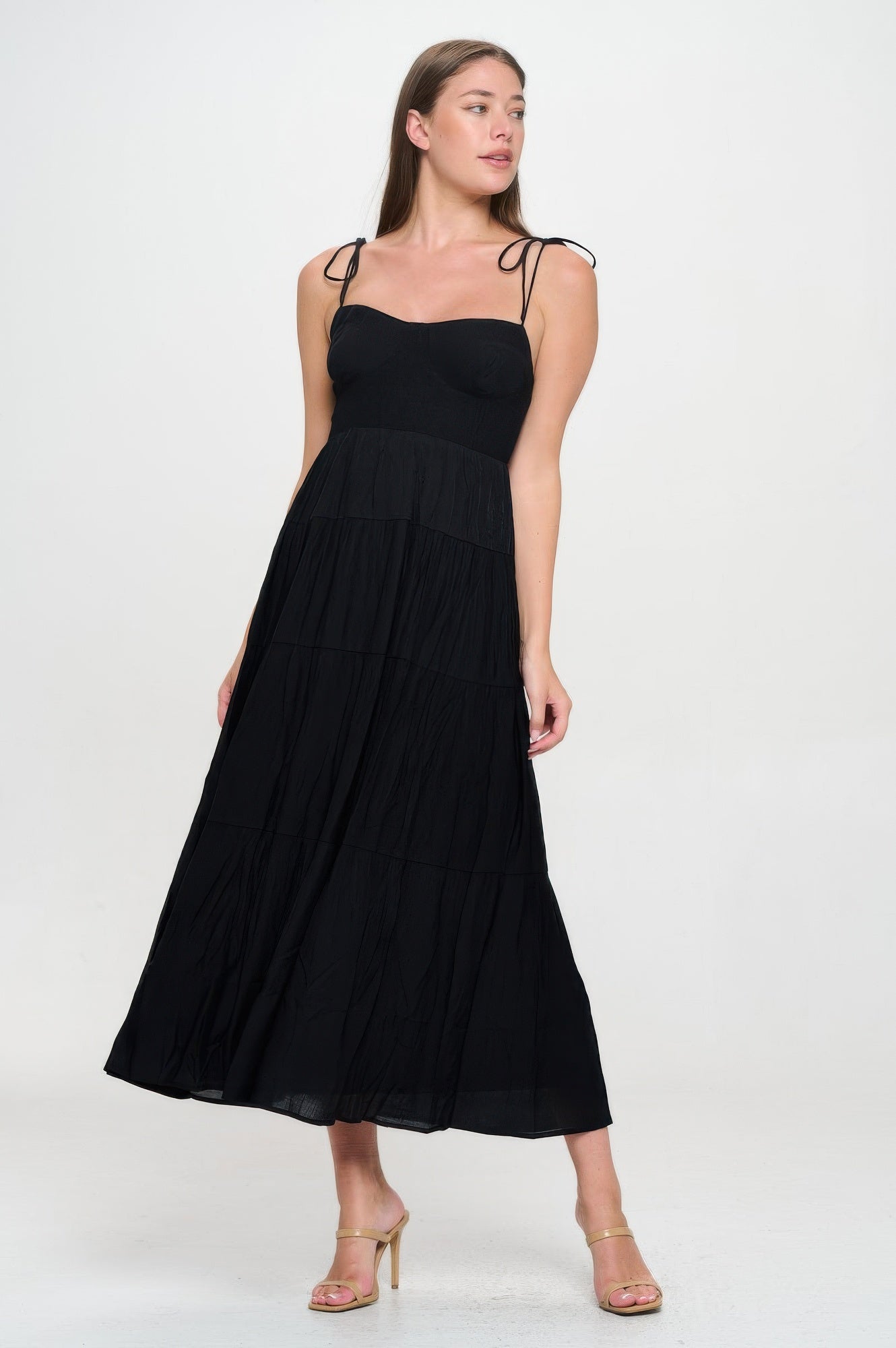 Solid smocked ruffle maxi dress, black with tiered skirt and tie spaghetti straps