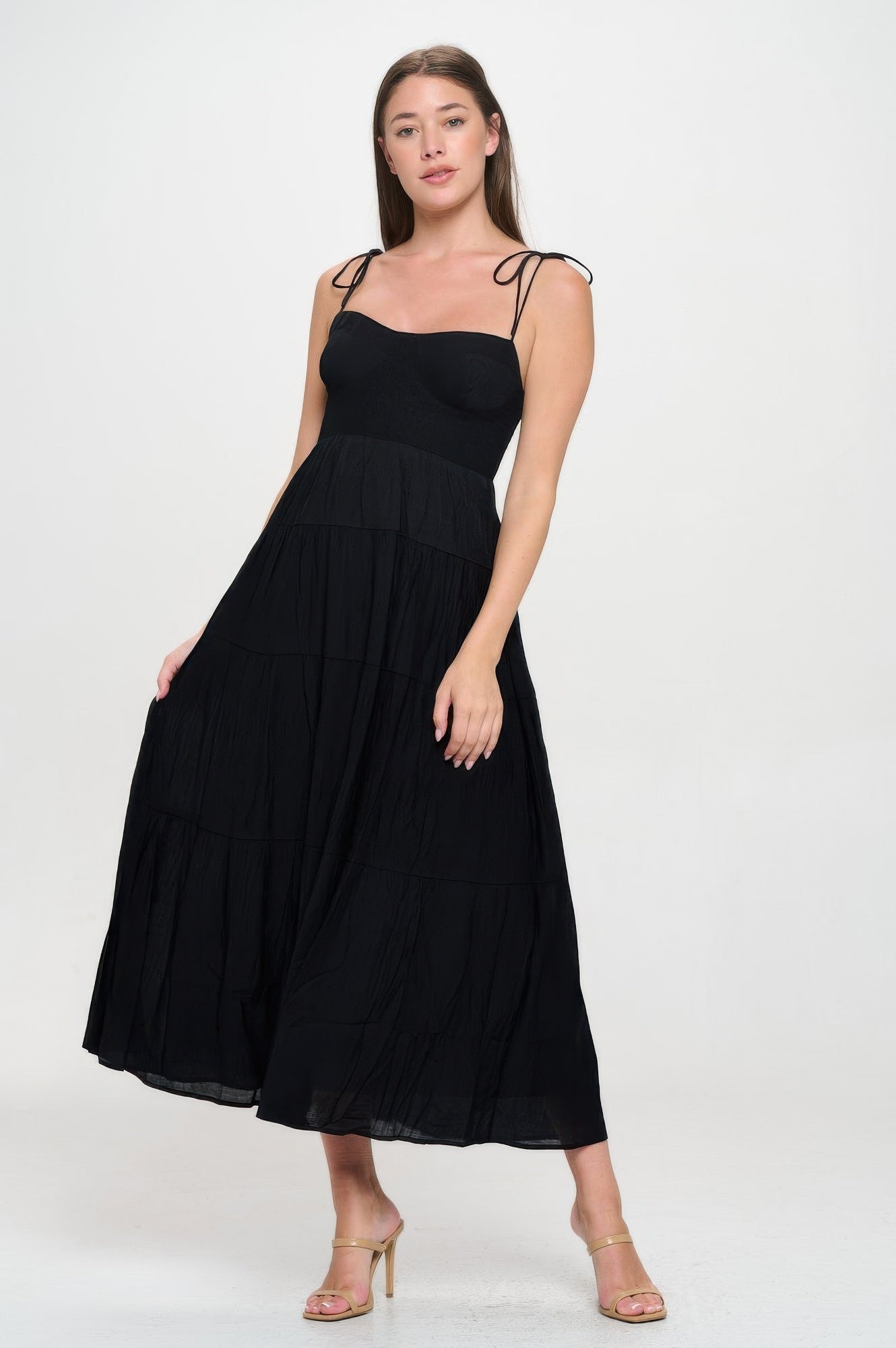 Solid smocked ruffle maxi dress, black bodice with elastic smocking and ruffled layers