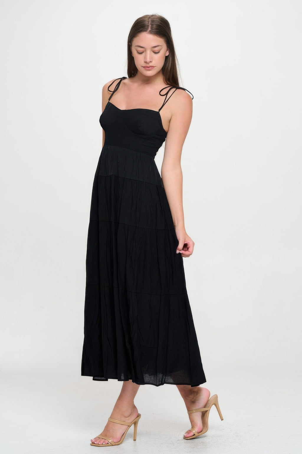 Solid smocked ruffle maxi dress, black sweetheart neckline with tiered ruffle skirt