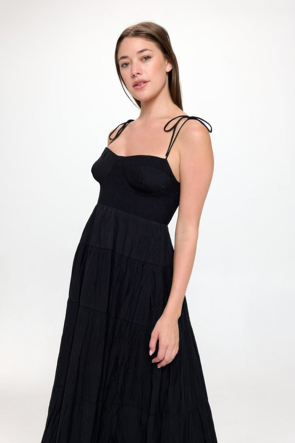 Solid smocked ruffle maxi dress, black corset-style bodice, gathered waist, spaghetti straps
