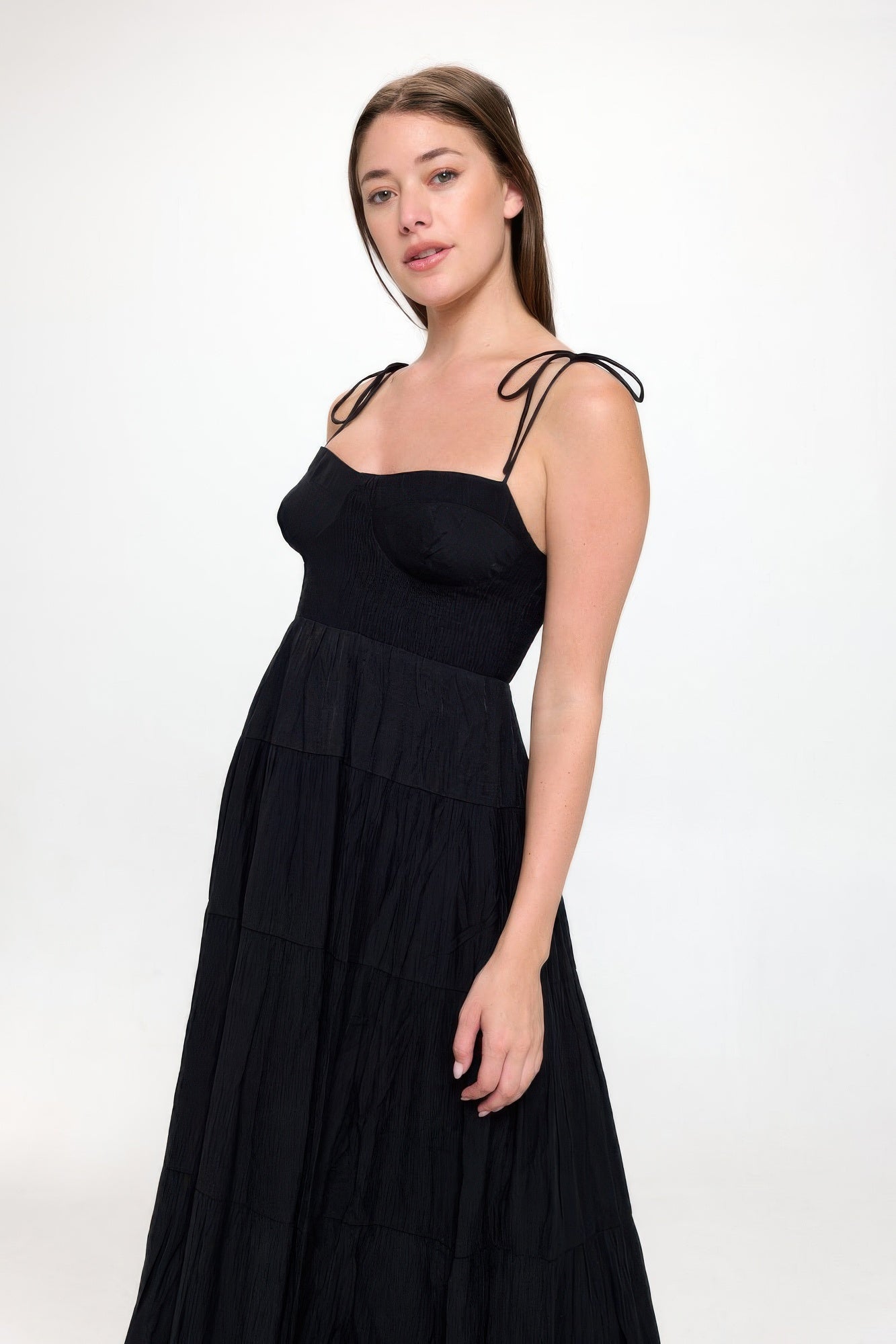 Solid smocked ruffle maxi dress, black corset-style bodice, gathered waist, spaghetti straps