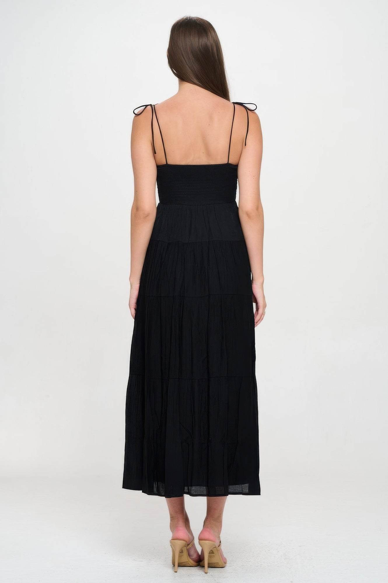 Solid smocked ruffle maxi dress, black open-back with spaghetti ties and tiered skirt