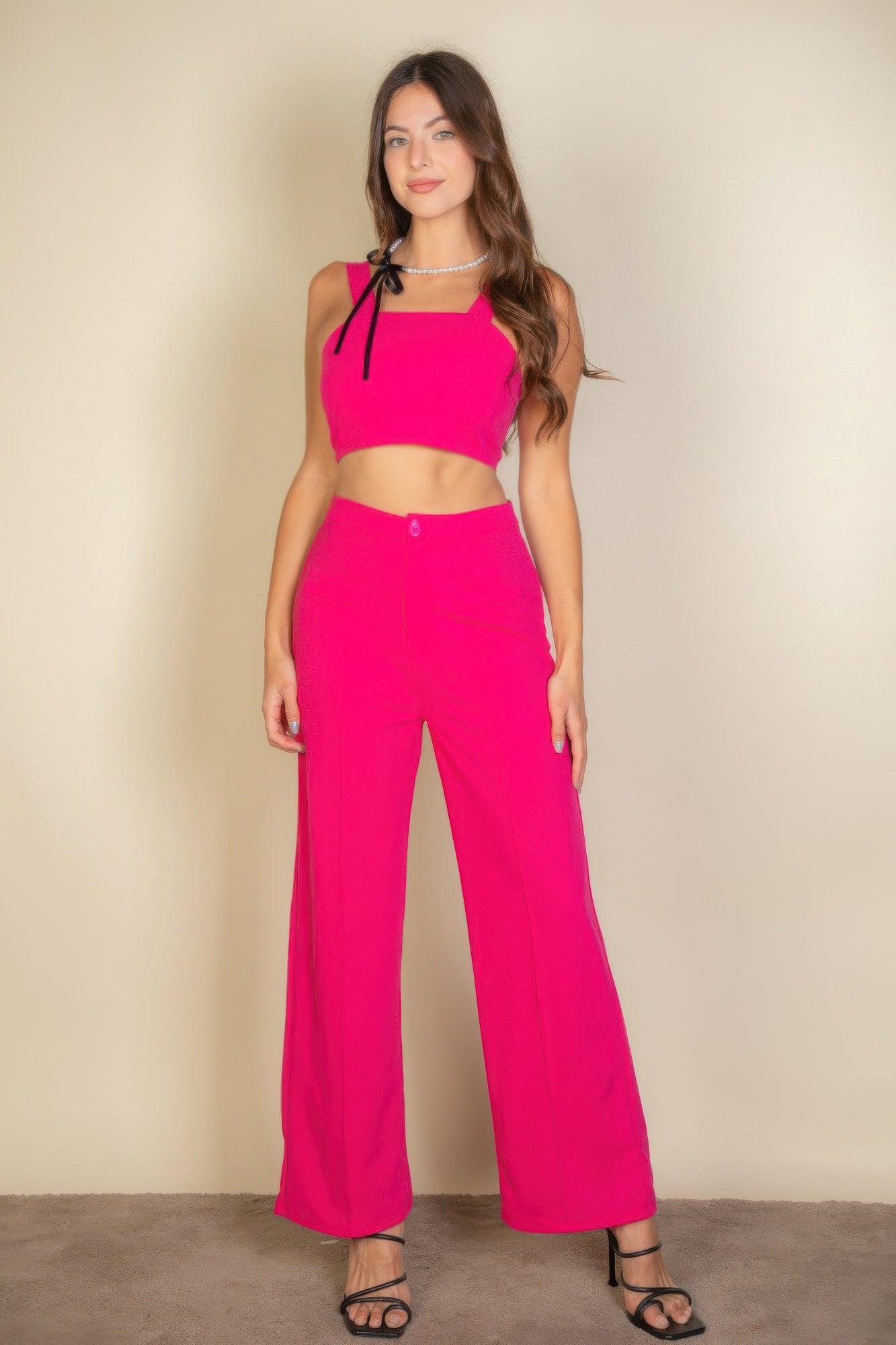 Fuchsia cropped tank with tie straps and wide-leg pants set, solid color