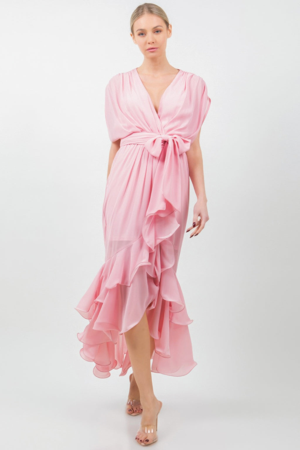 Solid pink midi dress with tie waist and layered ruffle skirt