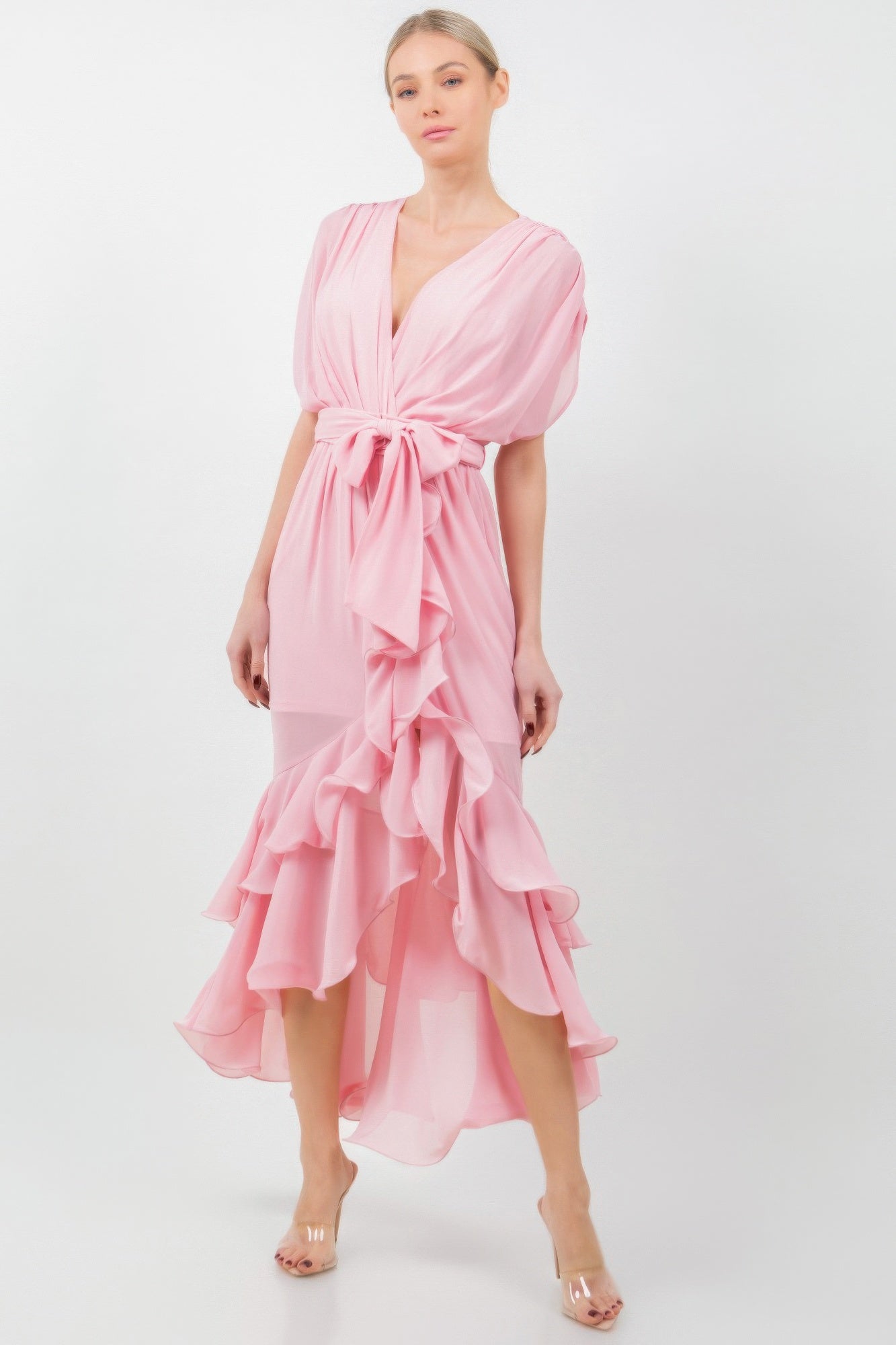Solid pink tie-waist midi dress with V-neck and flutter sleeves
