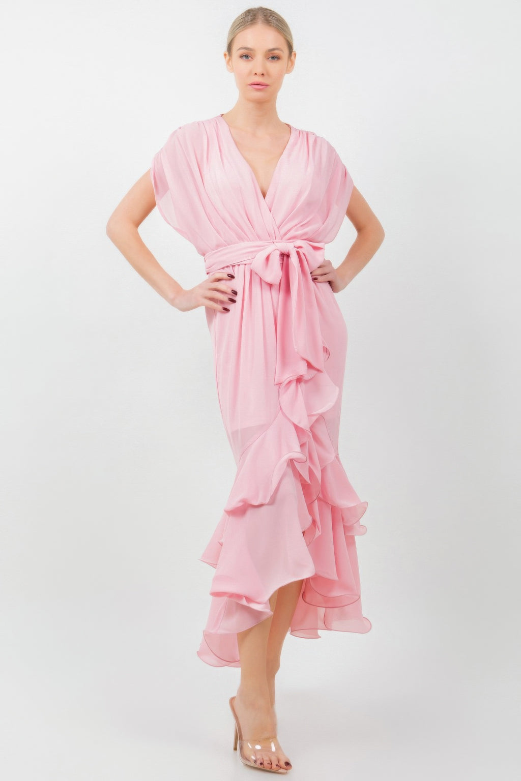 Solid pink ruffle midi dress with knotted tie waist and layered hem
