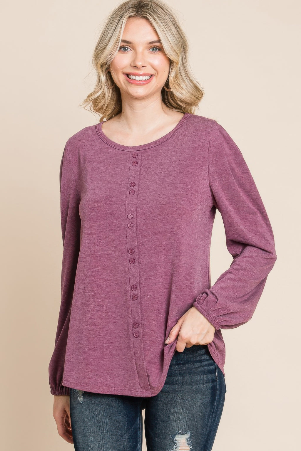 Solid long sleeve top, burgundy, Henley button front and round neckline