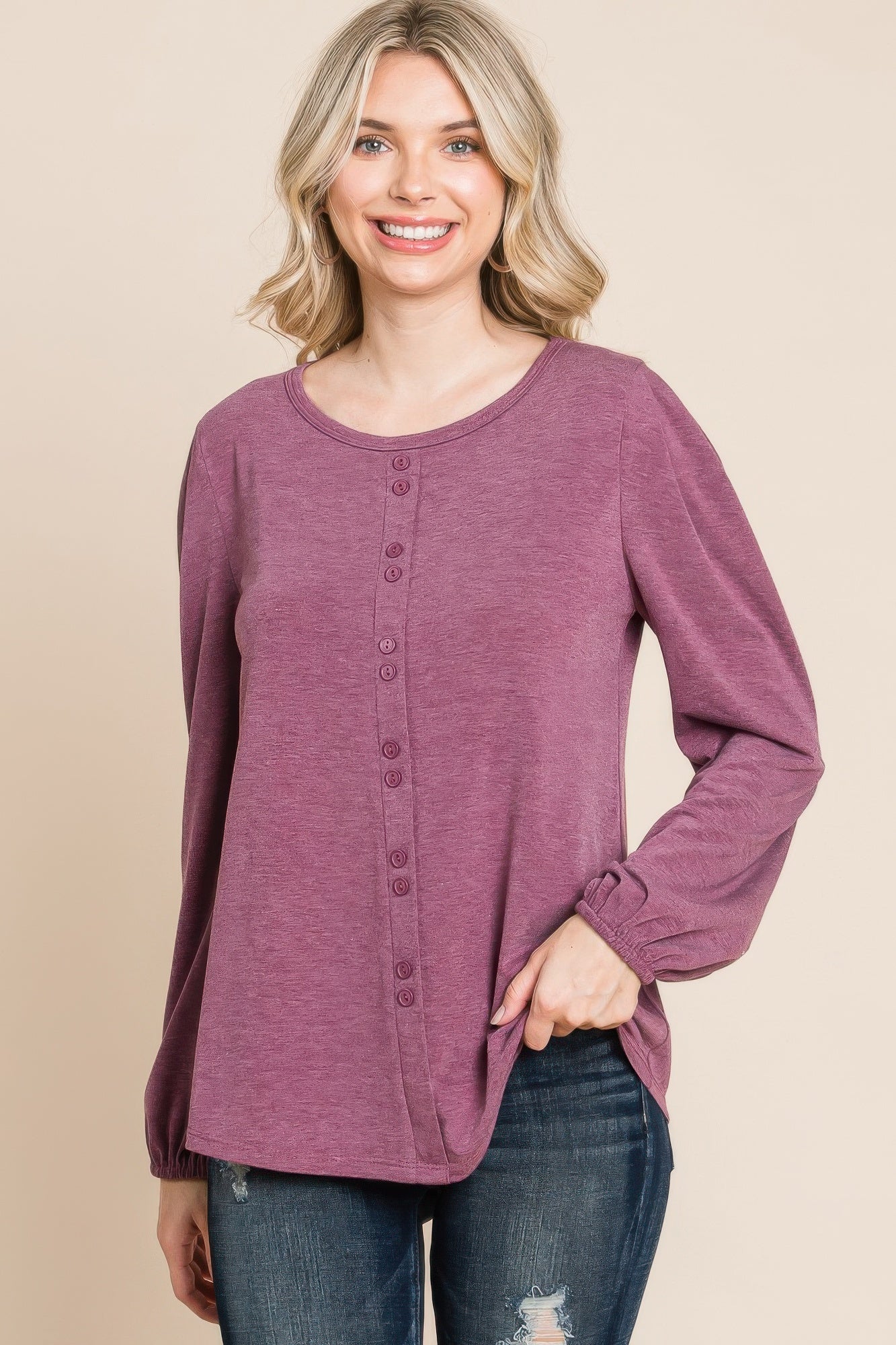 Solid long sleeve top, burgundy, Henley button front and round neckline