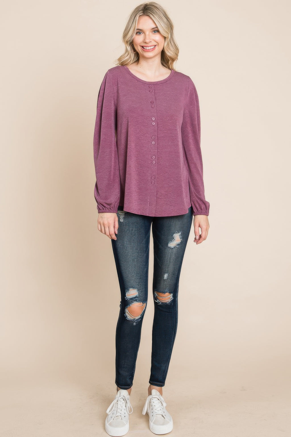 Burgundy Solid TR spandex long sleeve top with button-up Henley placket
