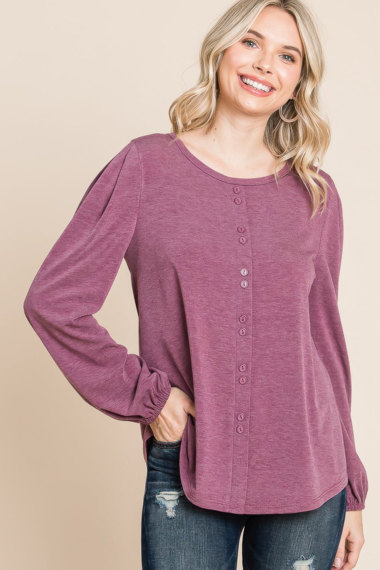 Burgundy Solid long sleeve top with round neck and center button placket