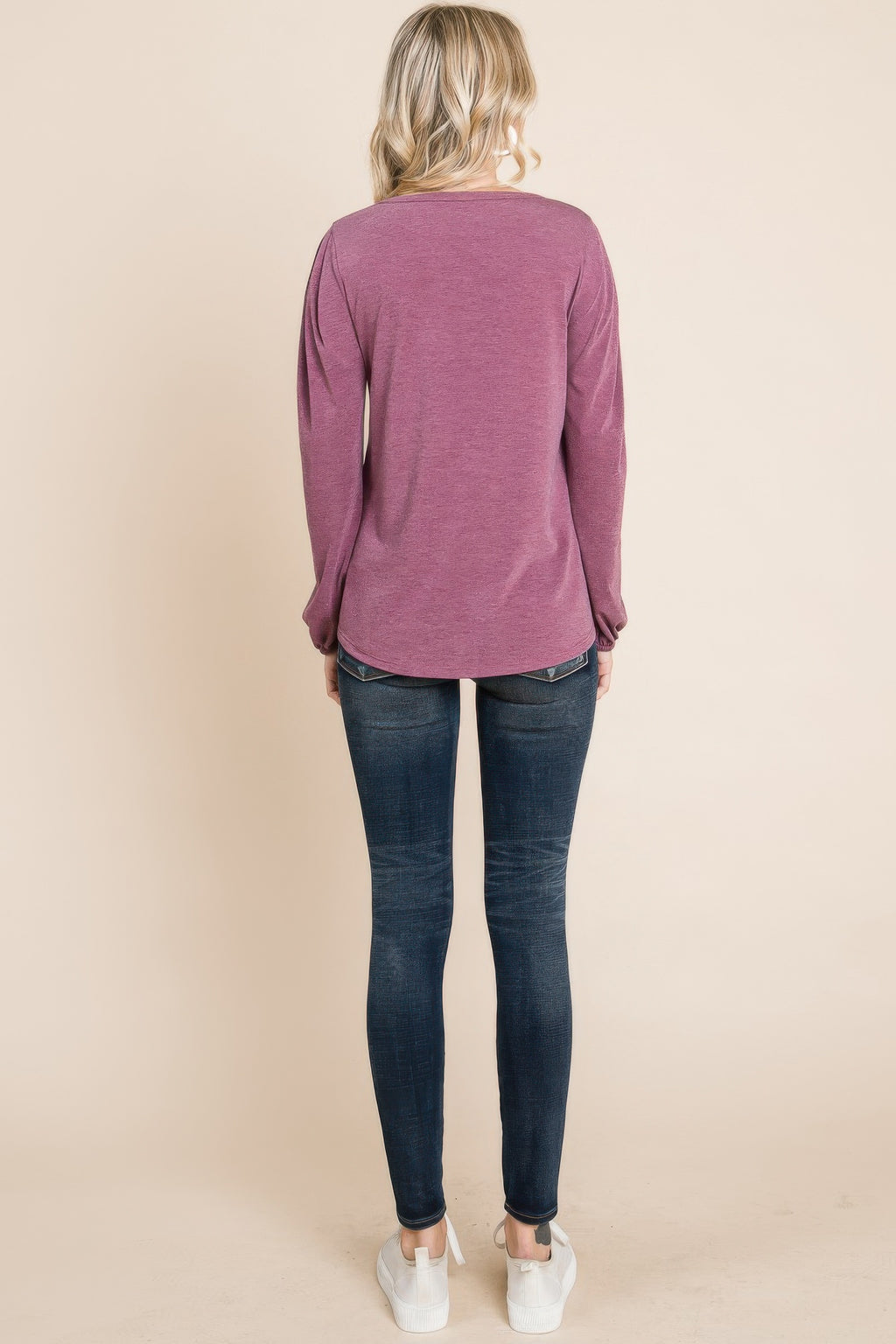 Solid long sleeve top, burgundy, back view with gathered sleeve cuffs