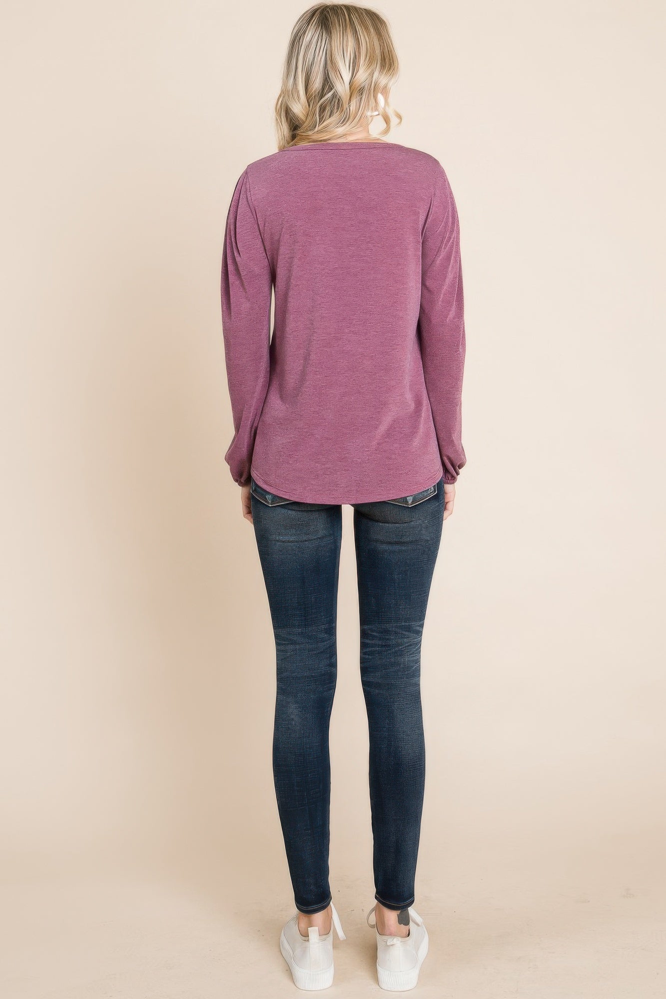 Solid long sleeve top, burgundy, back view with gathered sleeve cuffs