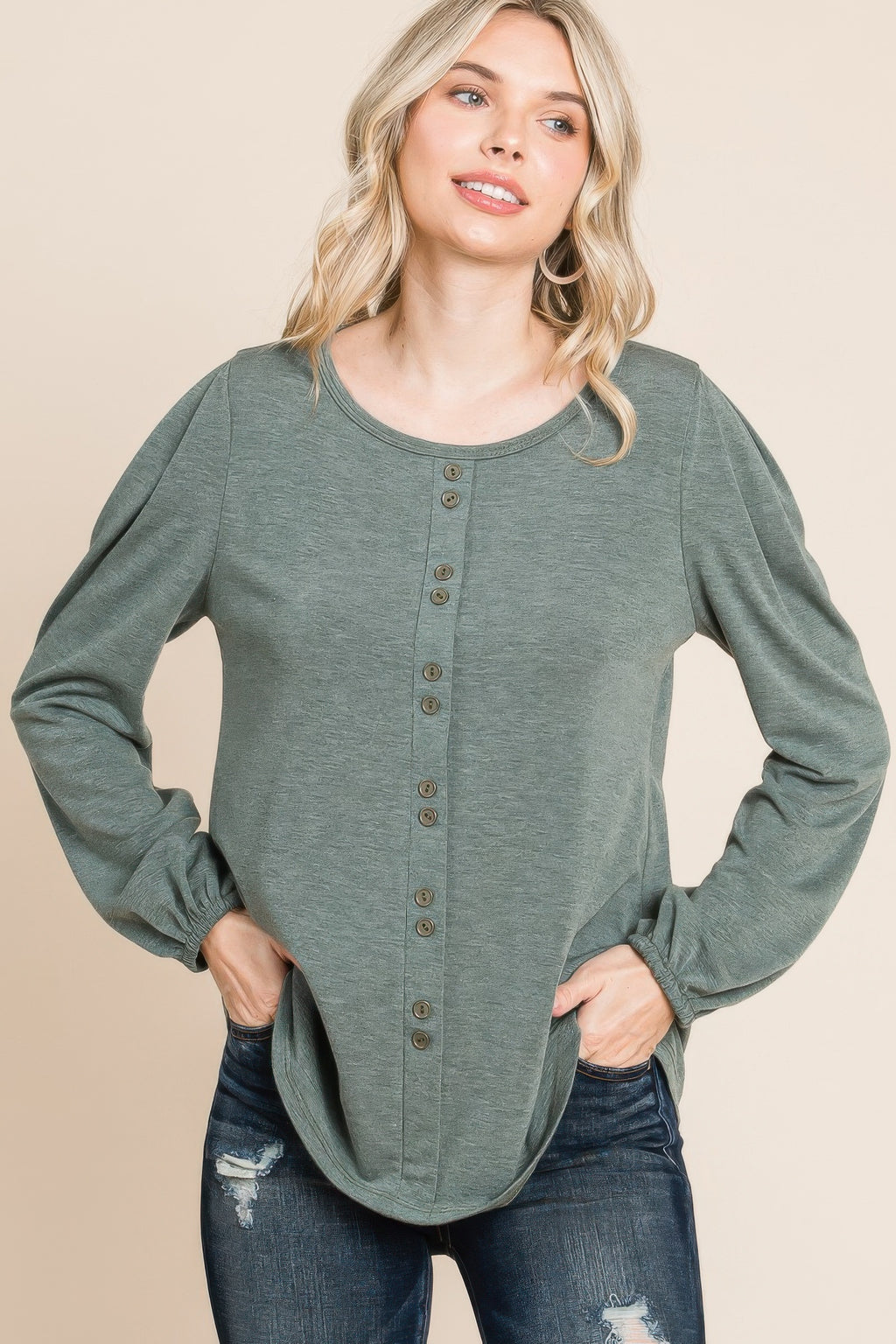 Solid long sleeve top, olive, Henley button front and round neckline