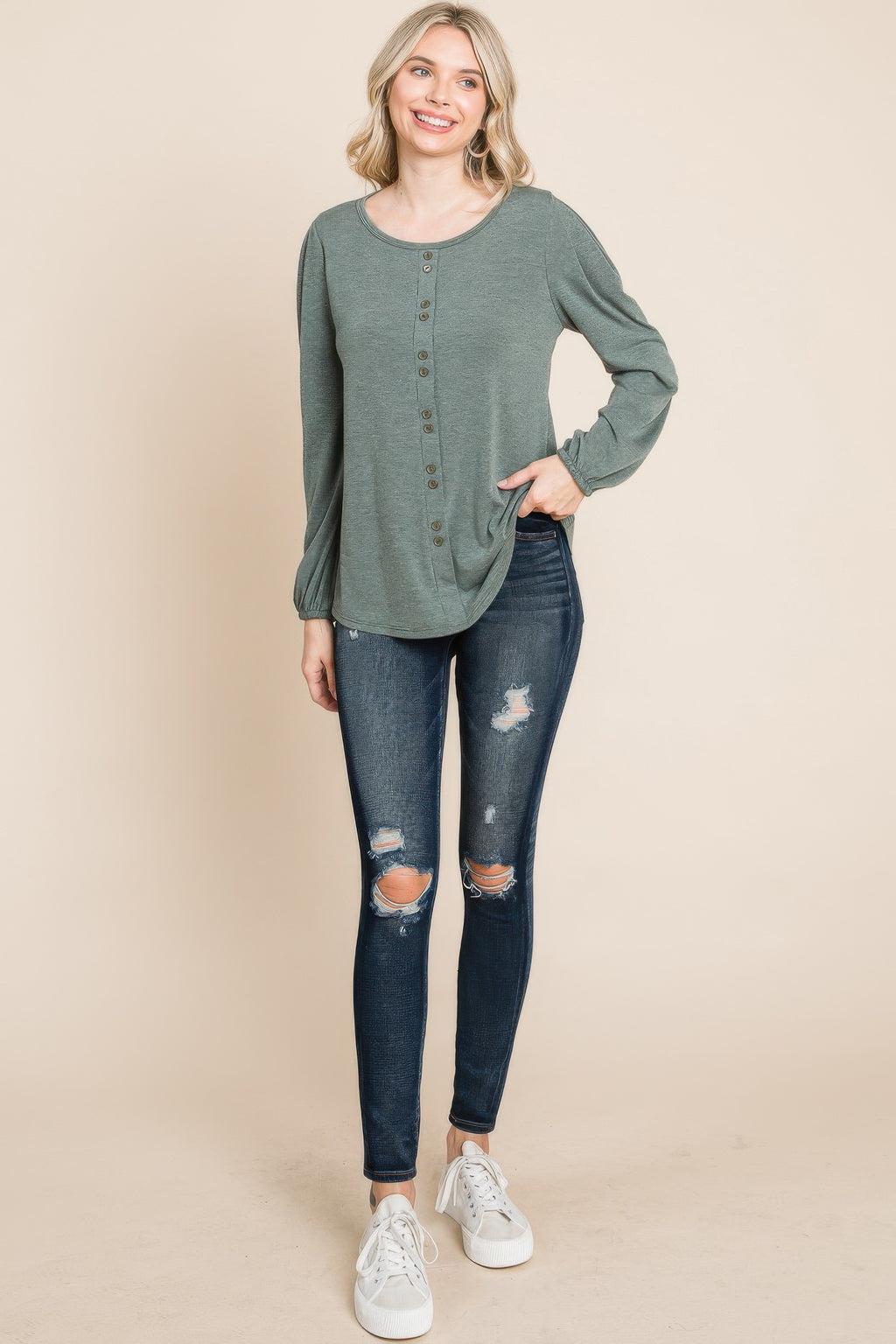 Olive Solid TR spandex long sleeve top with center button placket and cuffs
