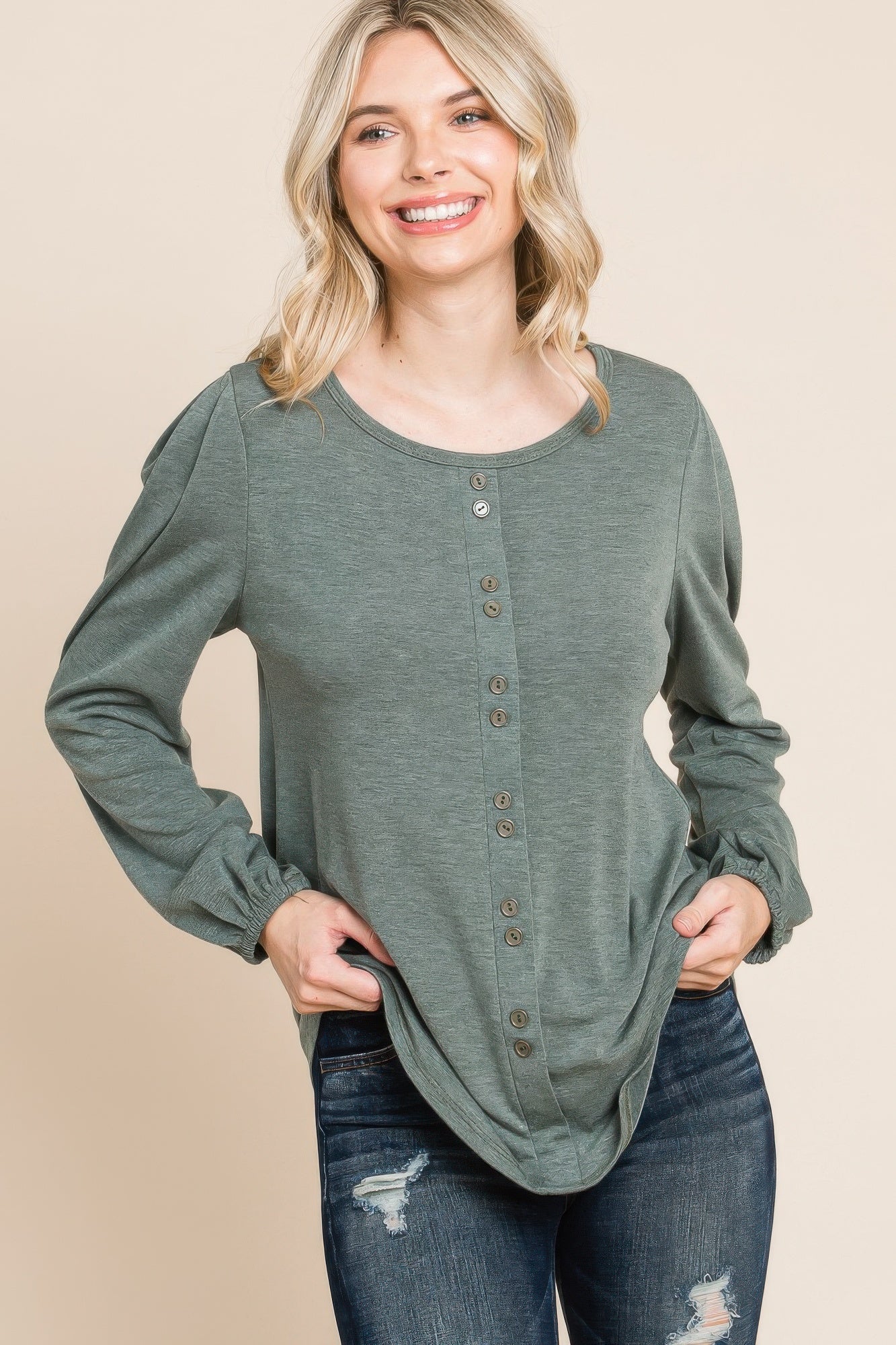 Olive long sleeve Henley top with vertical button row and relaxed fit