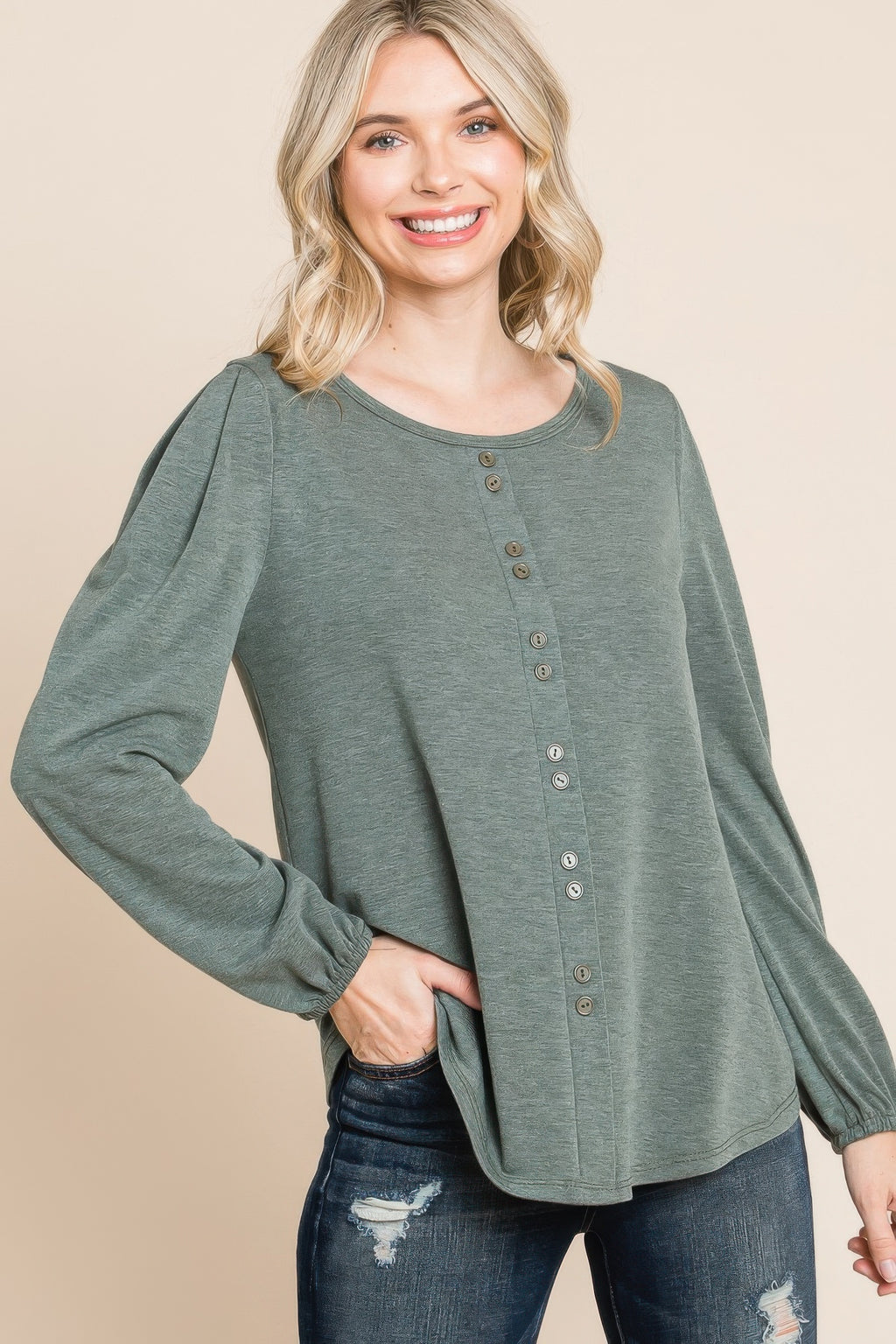 Olive Solid long sleeve top with round neck, button placket, and gathered cuffs