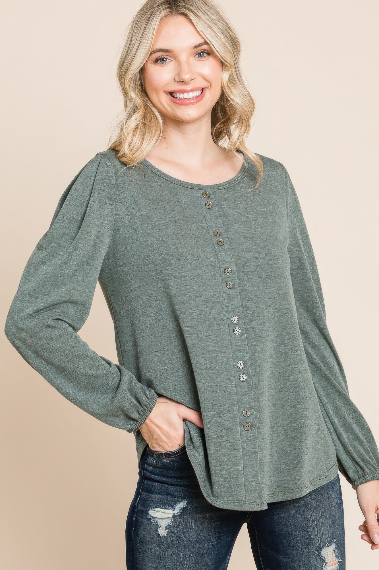 Olive Solid long sleeve top with round neck, button placket, and gathered cuffs