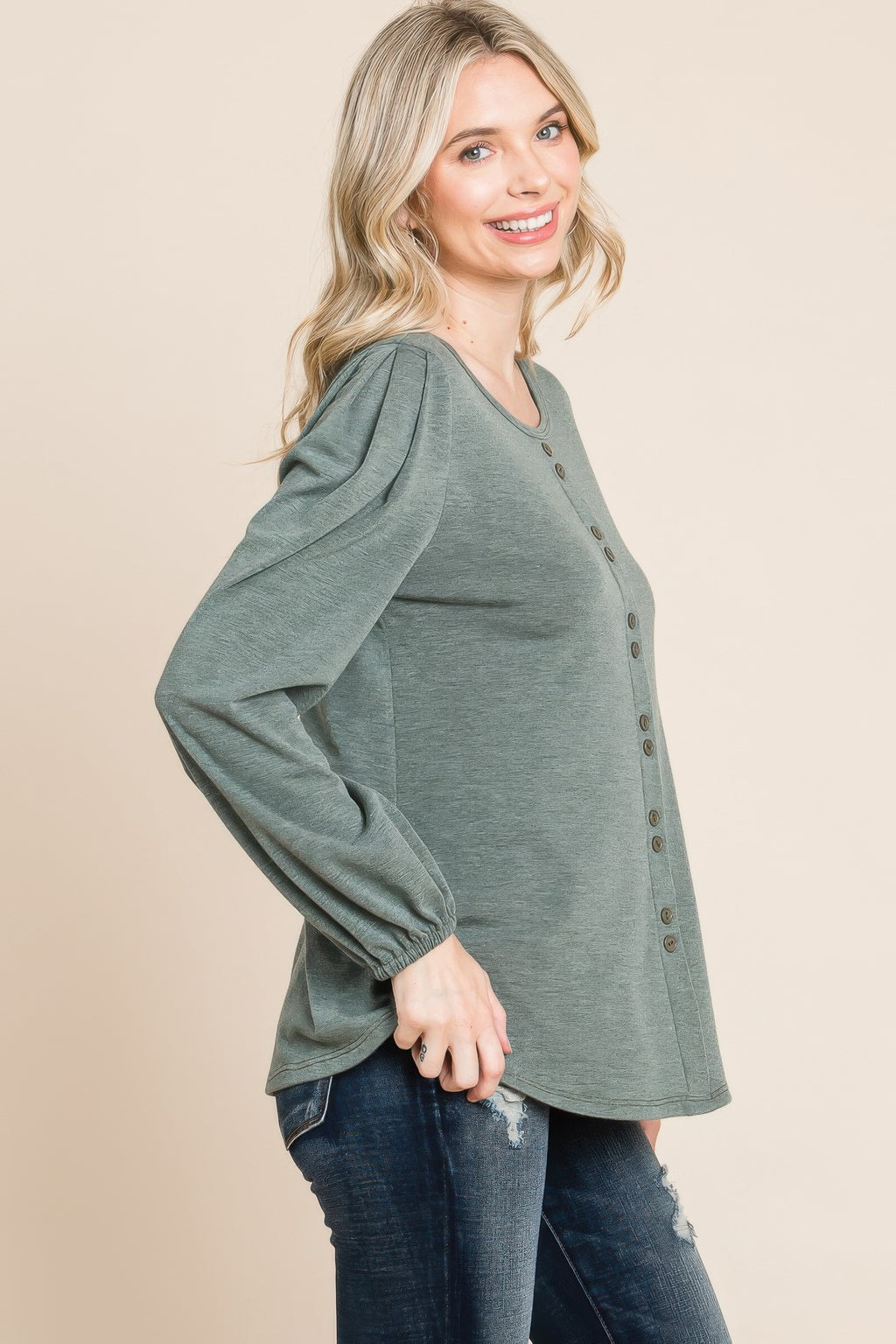 Solid long-sleeve top, olive green knit with crew neck and button-front placket