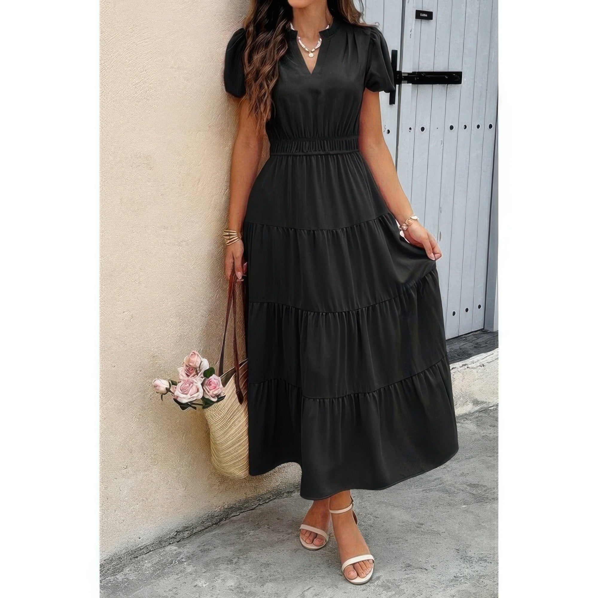 Solid V-neck tiered maxi dress with elastic waist, black, short puff sleeves