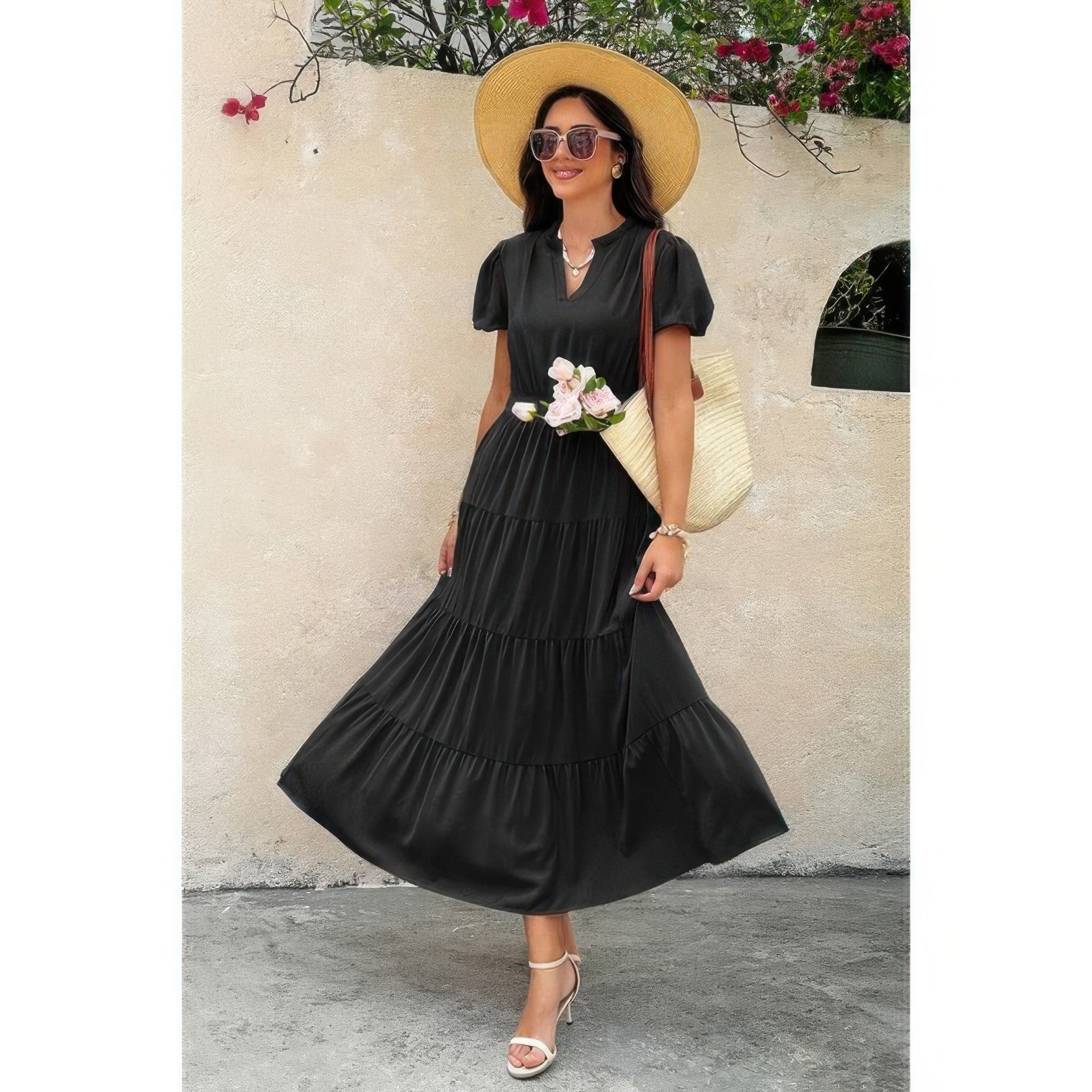 Solid V-neck tiered dress with elastic waist, black midi length, puff sleeves