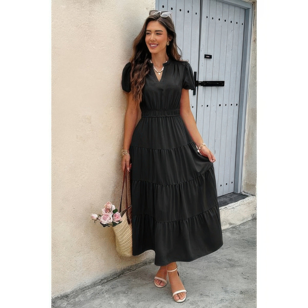 Solid V-neck tiered maxi dress, black with elastic waist and short puff sleeves