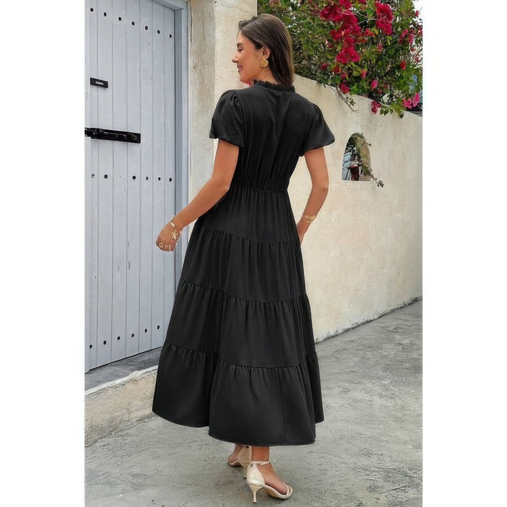 Back view of Solid V-neck tiered maxi dress, black, elastic waist, short puff sleeves