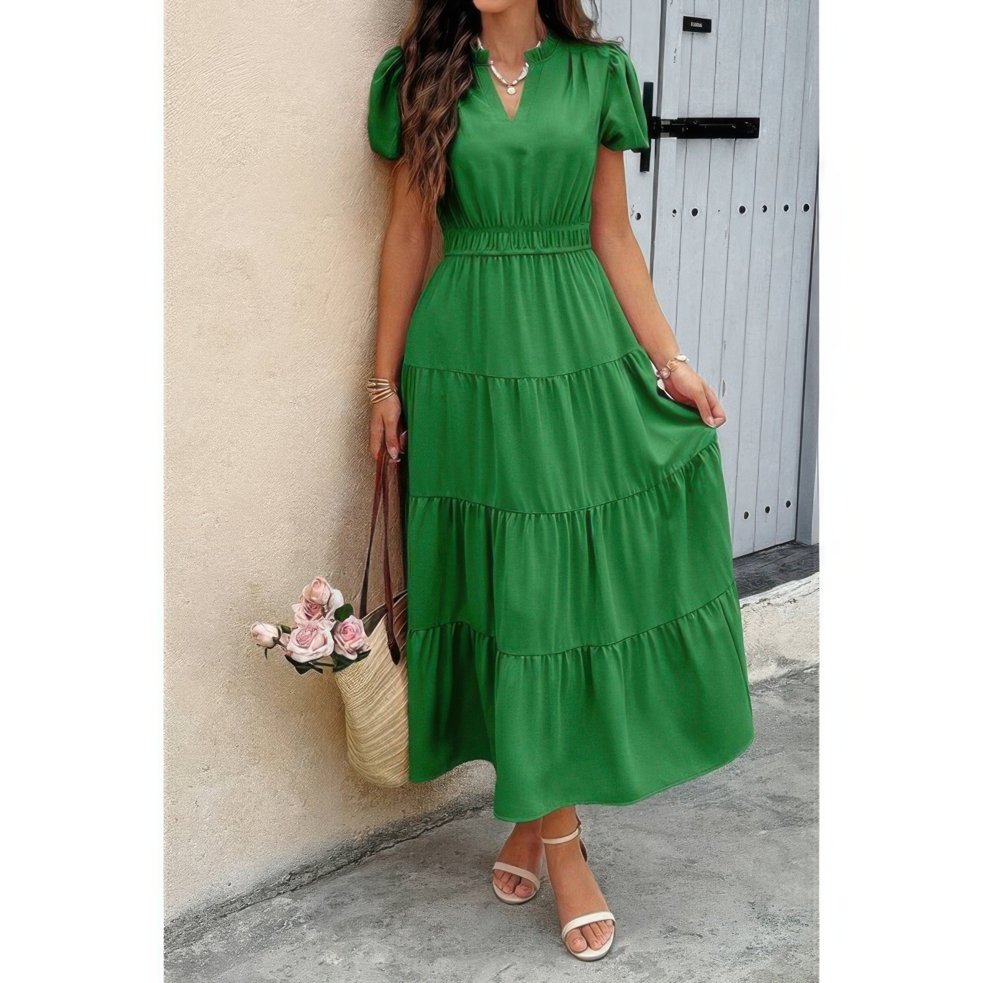 Solid V-neck tiered maxi dress with elastic waist, green, short puff sleeves