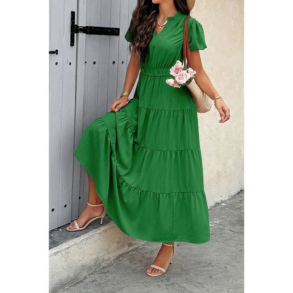 Side view of Solid V-neck tiered dress, green with elastic waist, puff sleeves