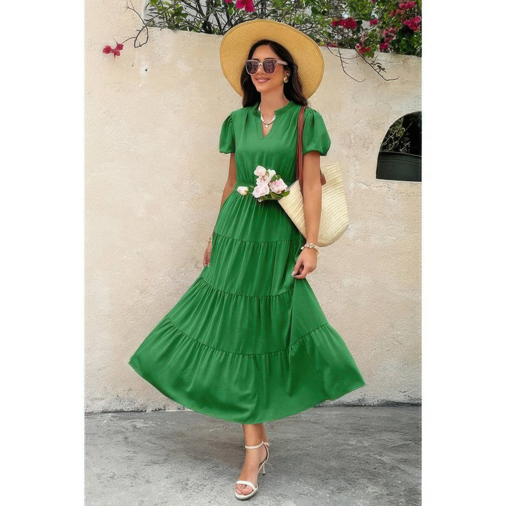 Solid V-neck tiered maxi dress, green with elastic waist and short puff sleeves