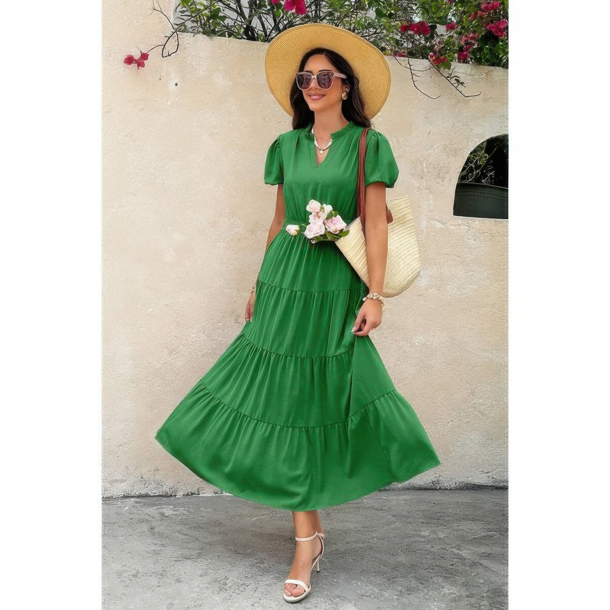 Solid V-neck tiered maxi dress, green with elastic waist and short puff sleeves