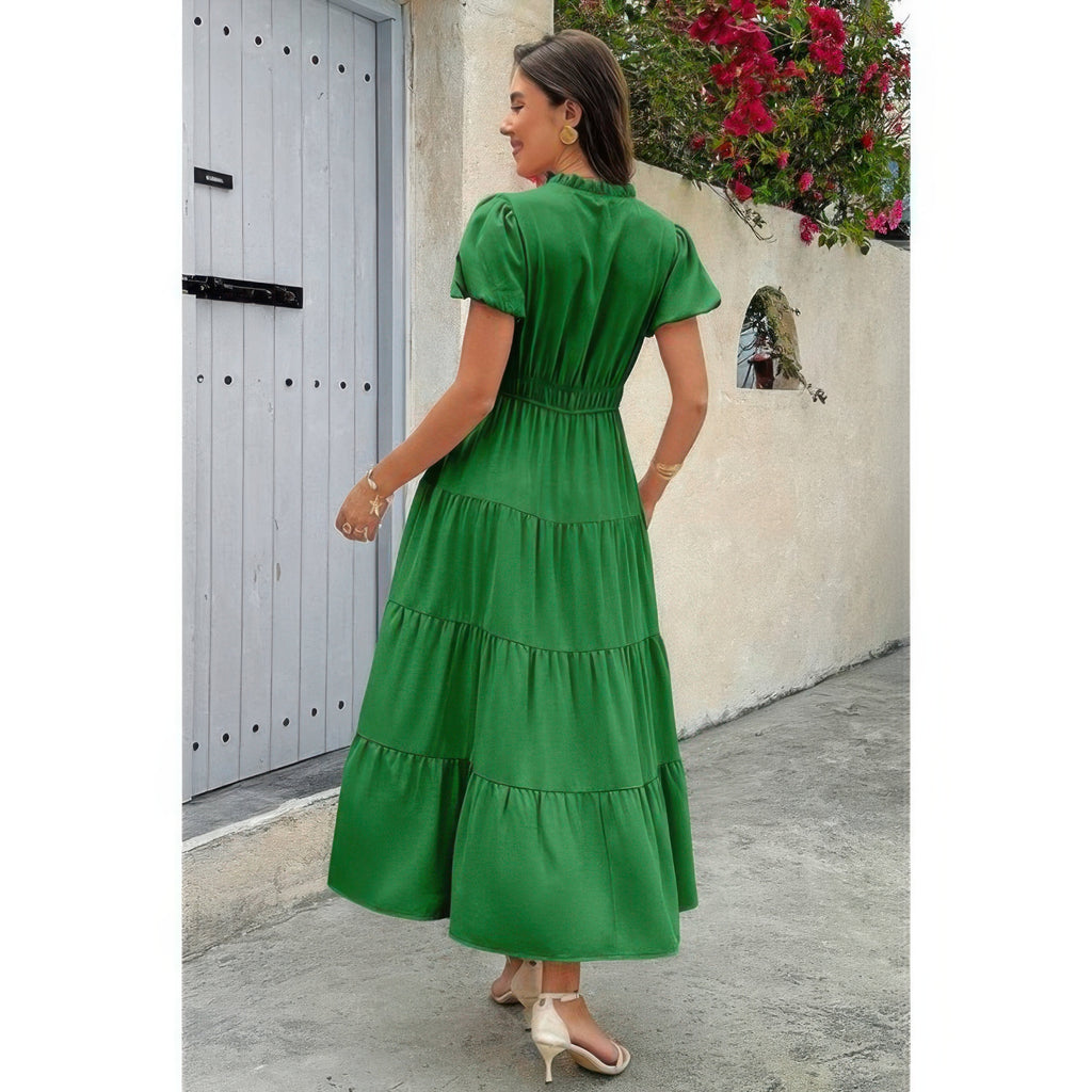 Back view of Solid V-neck tiered maxi dress, green, elastic waist, puff sleeves