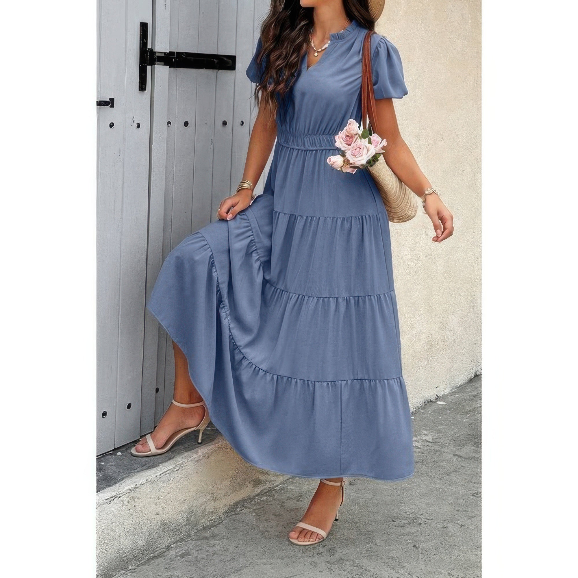 Solid V-neck tiered maxi dress with elastic waist, blue, short puff sleeves