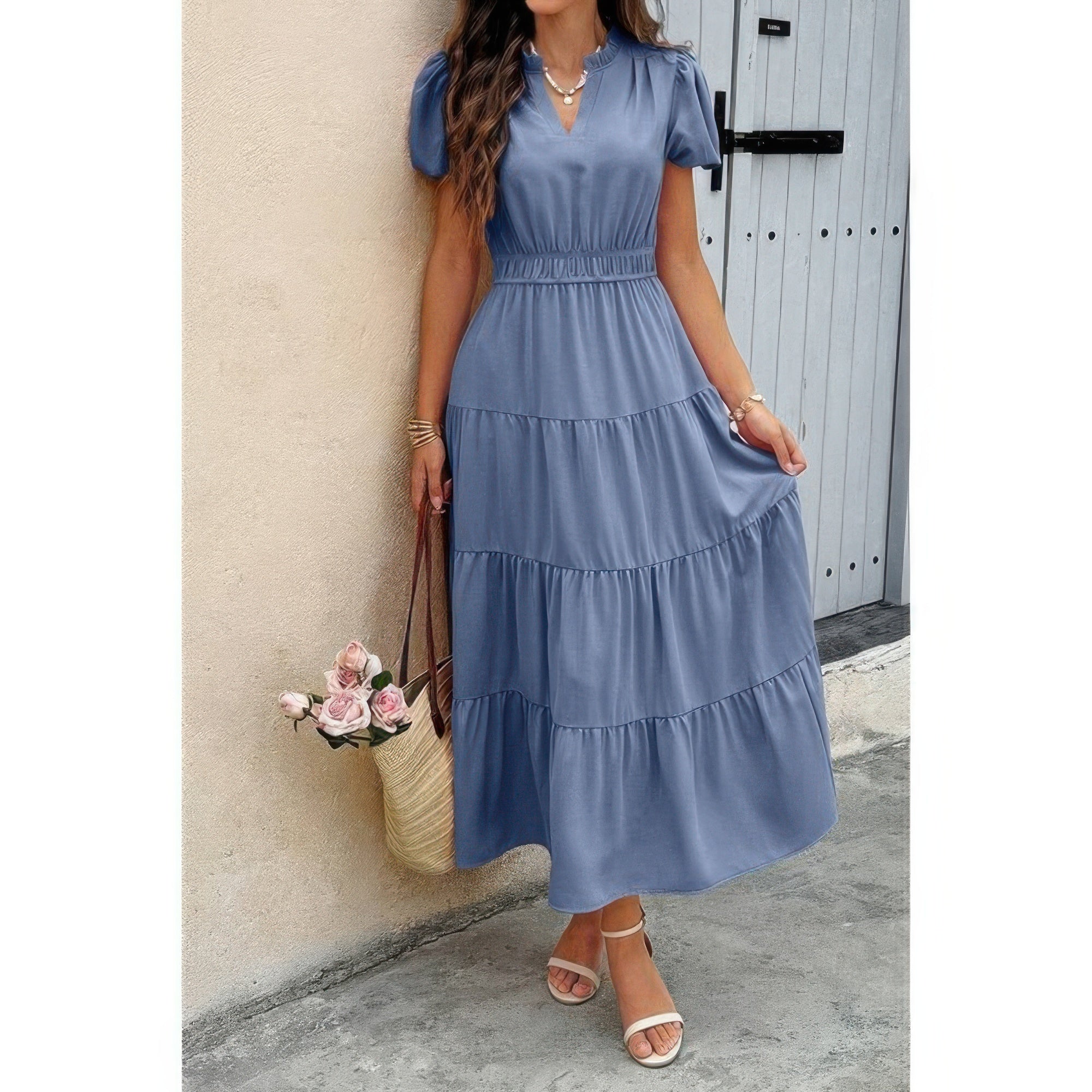 Tigbul's Solid V-neck tiered maxi dress, blue, elastic waist and short puff sleeves