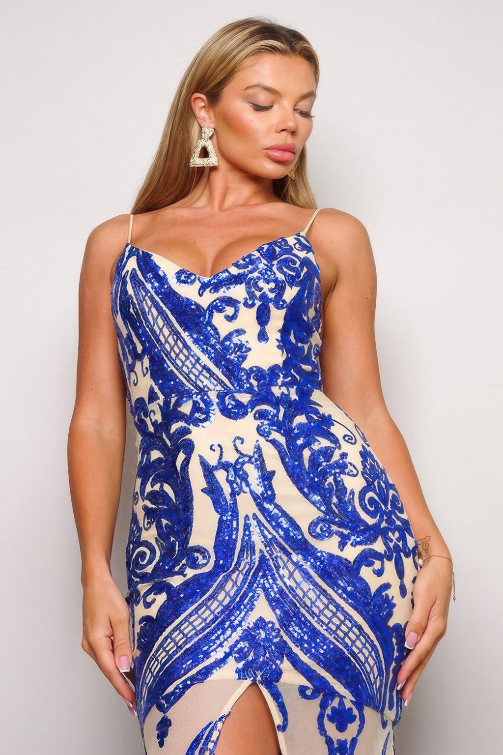 Royal blue Art Deco sequin maxi dress, V-neck bodice with spaghetti straps
