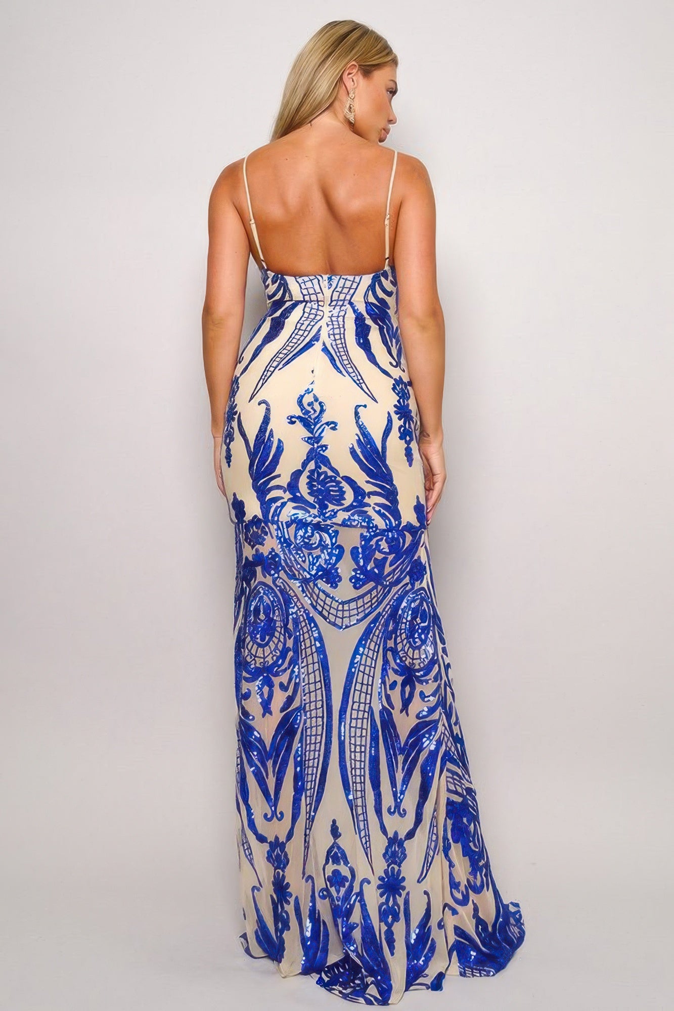 Royal blue Art Deco sequin maxi dress, open back view with thin straps