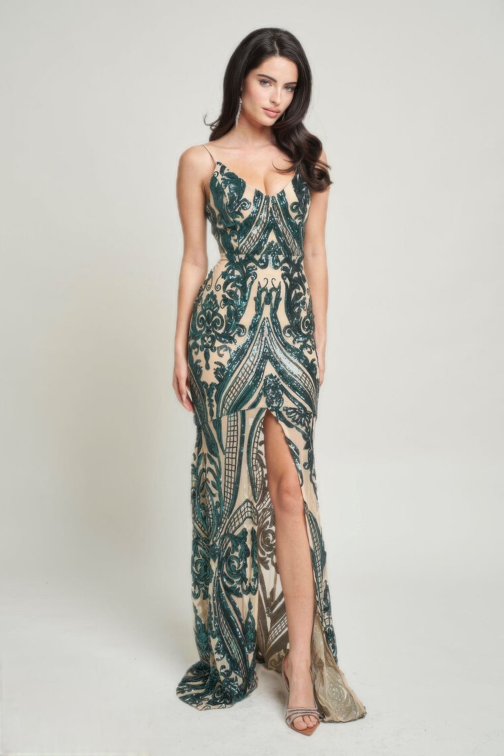 Hunter green Art Deco sequin maxi dress with spaghetti straps and front slit