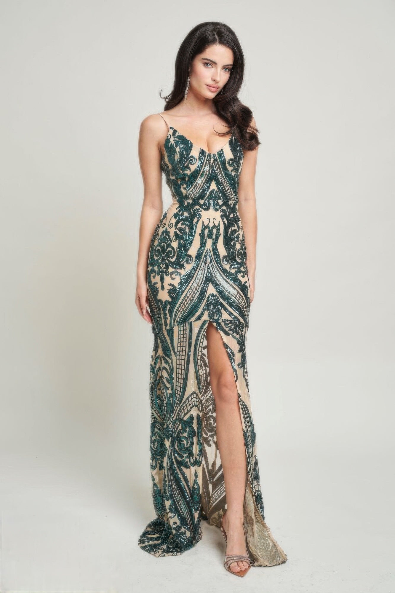 Hunter green Art Deco sequin maxi dress with spaghetti straps and front slit