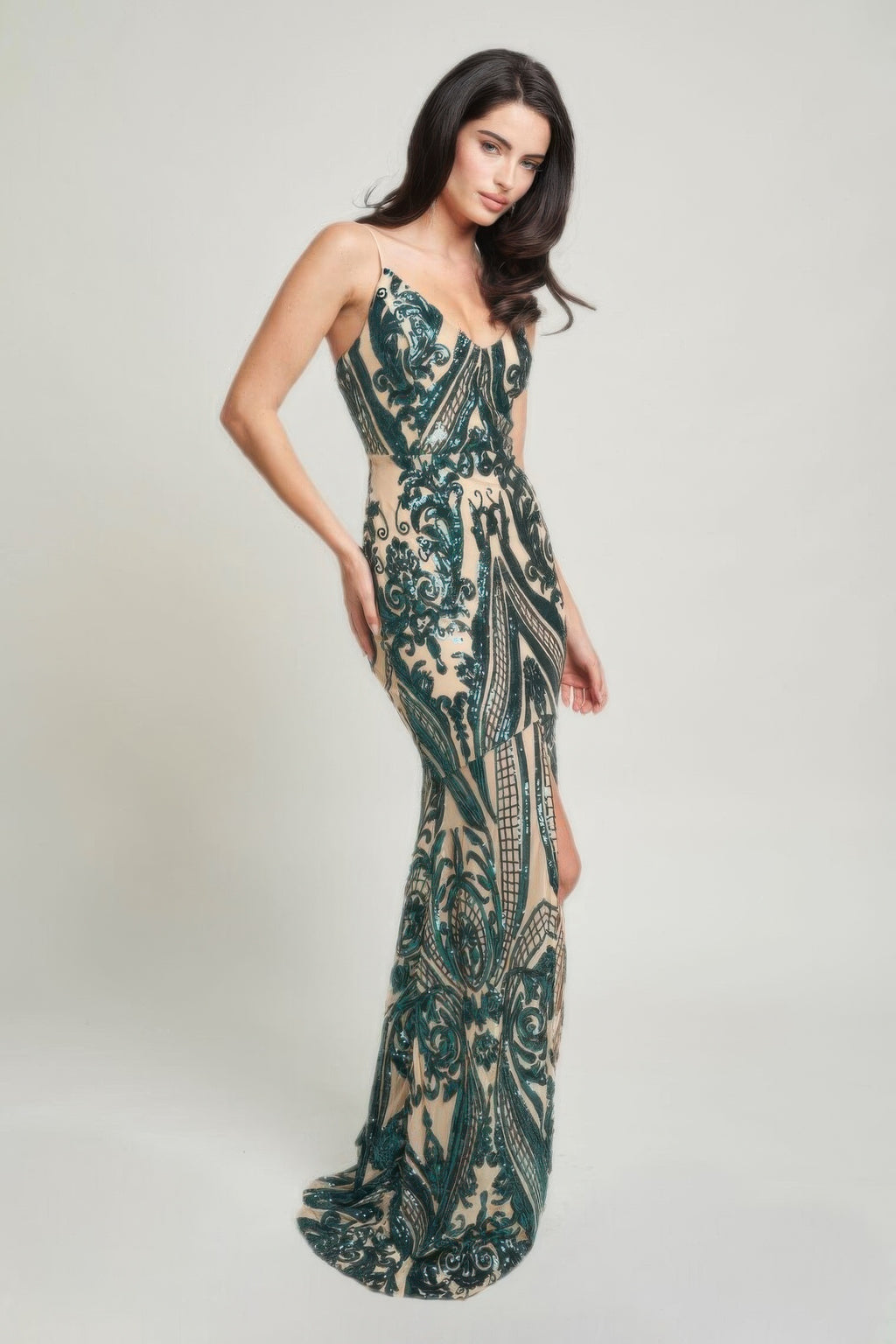 Hunter green Art Deco sequin maxi dress with spaghetti straps and front slit