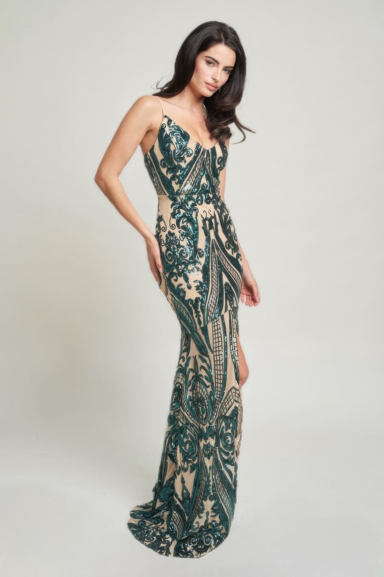 Hunter green Art Deco sequin maxi dress with spaghetti straps and front slit