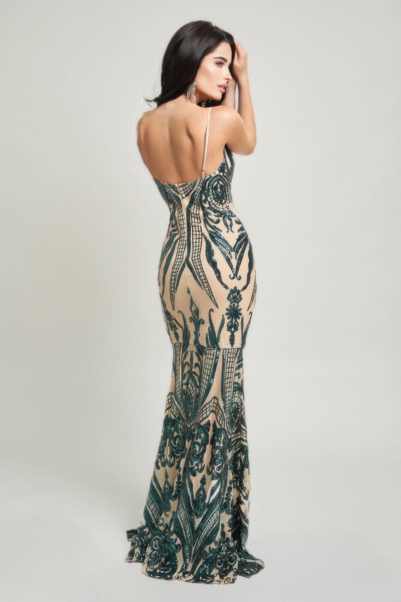 Hunter green Art Deco sequin maxi dress, open back view with thin straps