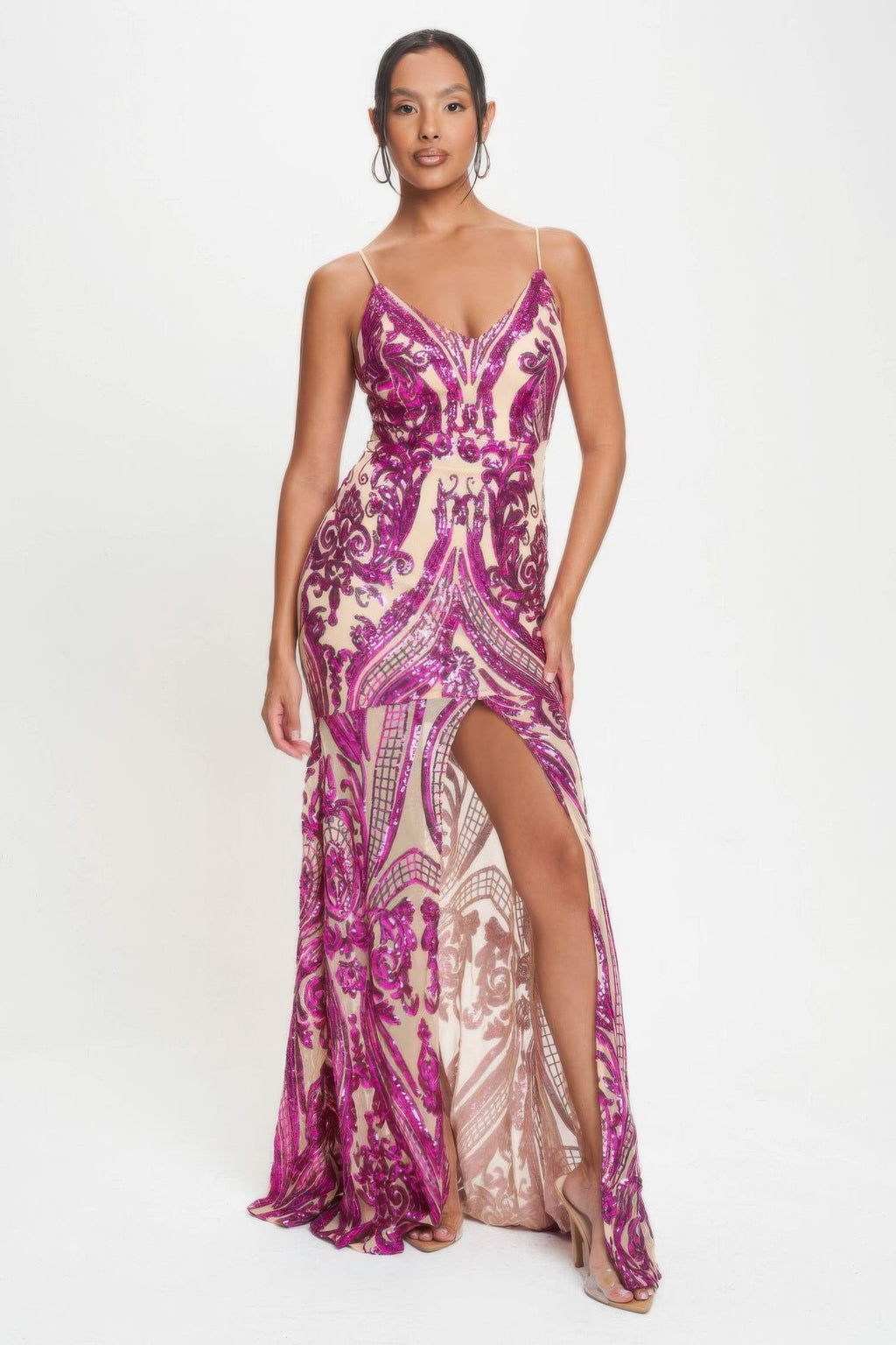 Fuchsia sequin maxi dress with art-deco V-neckline, spaghetti straps, and side slit