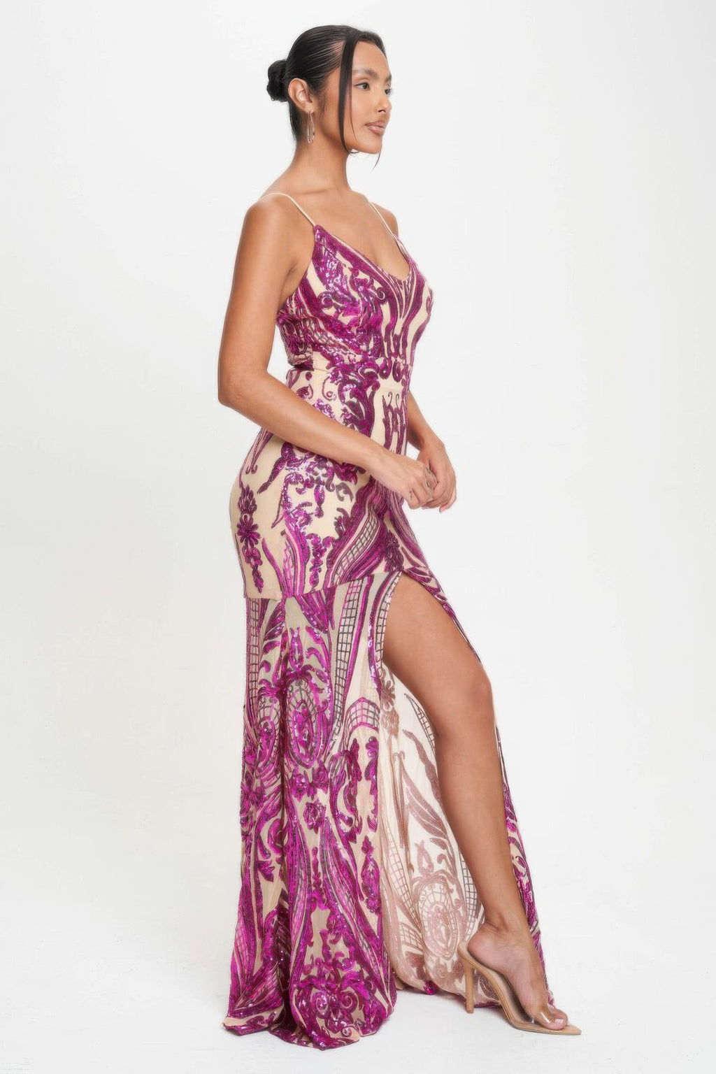 Fuchsia art-deco sequin maxi dress with spaghetti straps and side slit