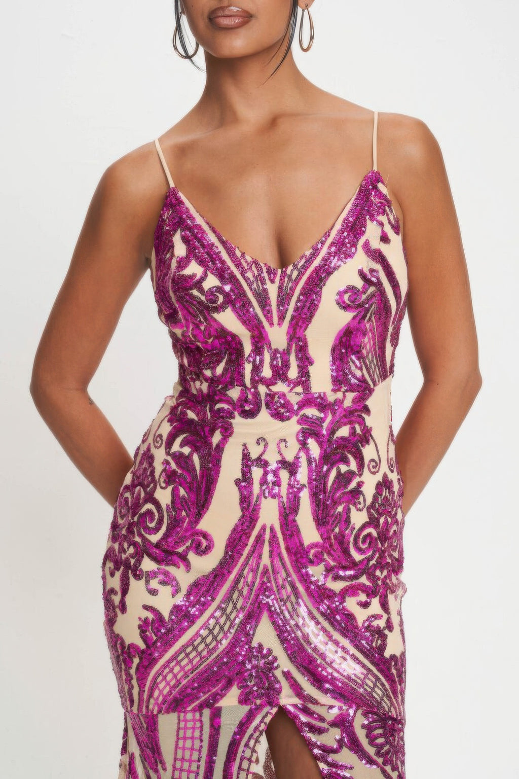 Fuchsia sequin bodice with art-deco scrollwork and spaghetti straps