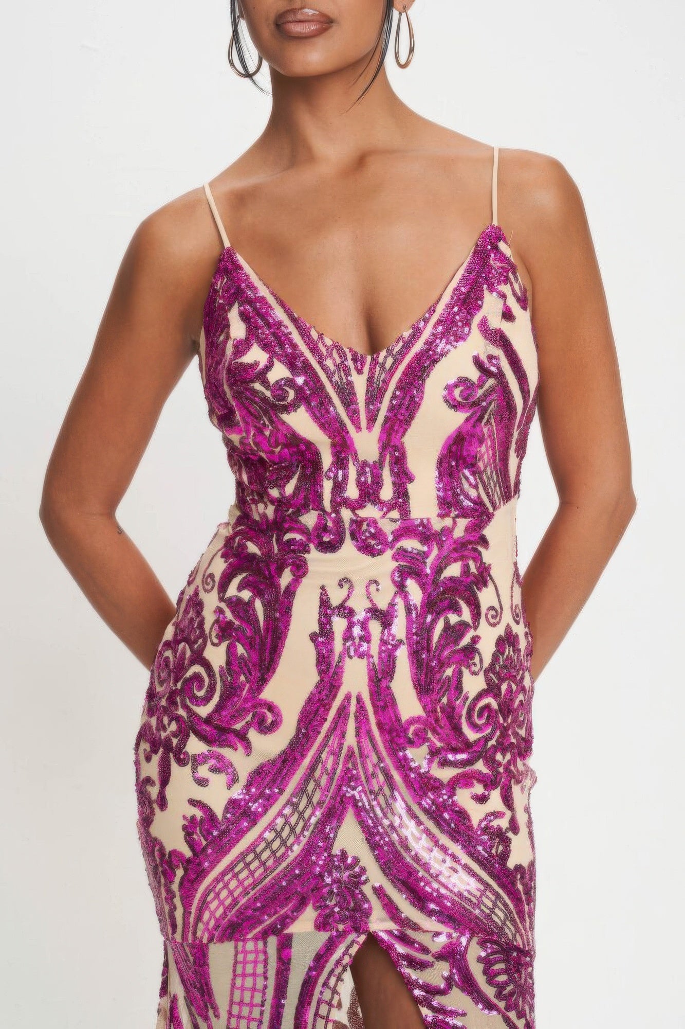 Fuchsia sequin bodice with art-deco scrollwork and spaghetti straps