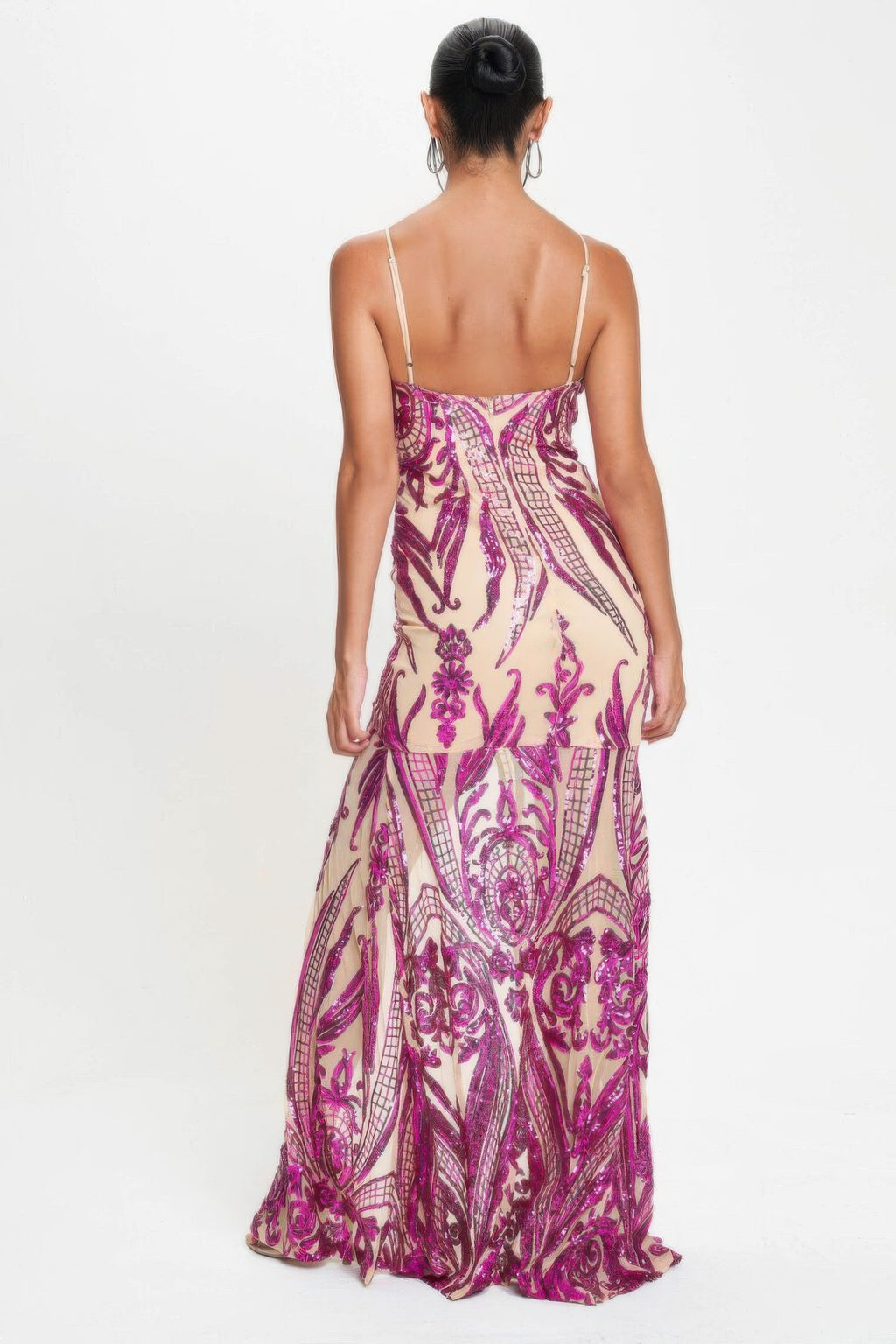 Back view: fuchsia sequin art-deco maxi dress with spaghetti straps